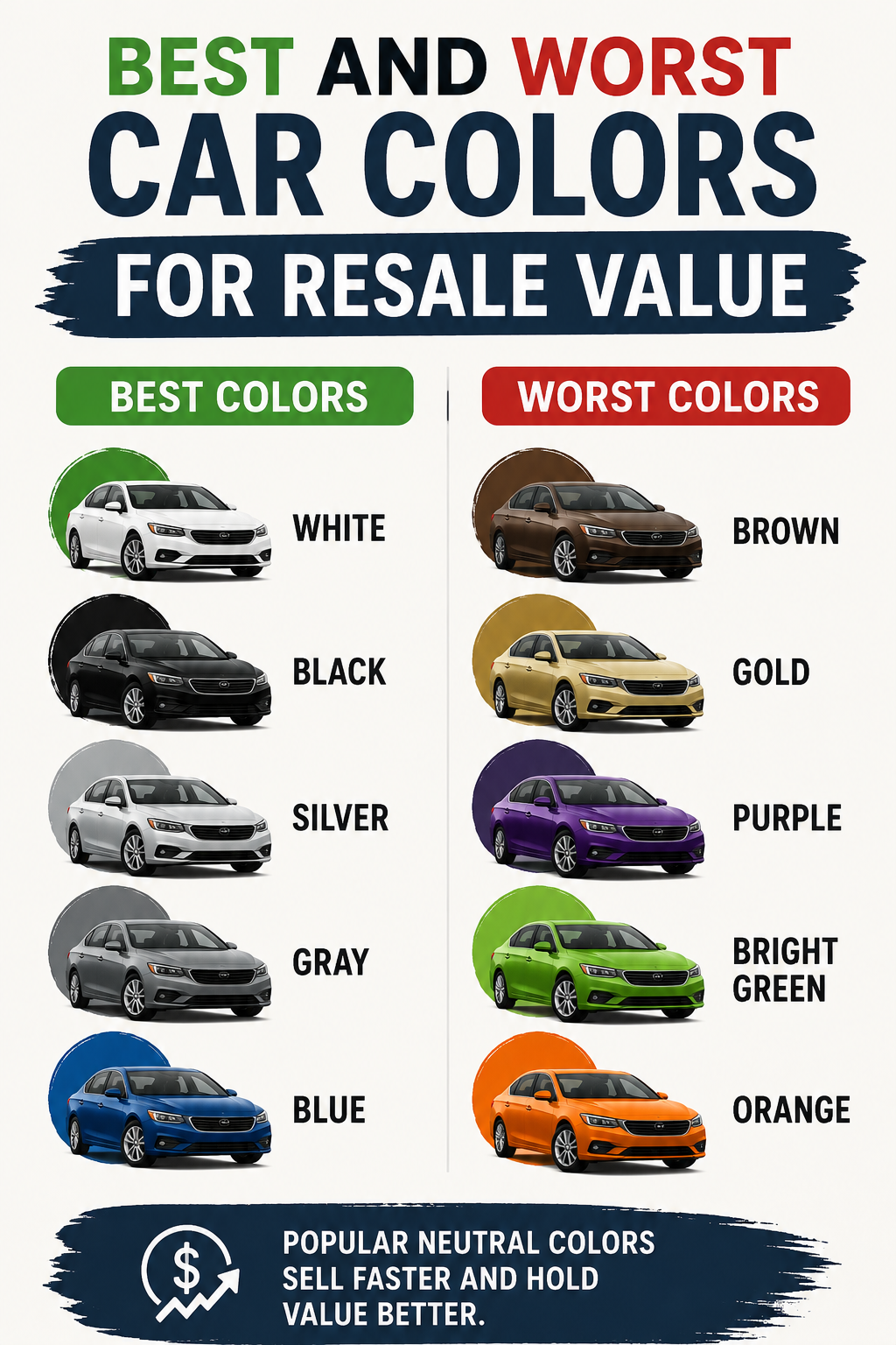 Infographic showing the best and worst car colors for resale value including white, black, silver, gray, blue, brown, gold, purple, green, and orange