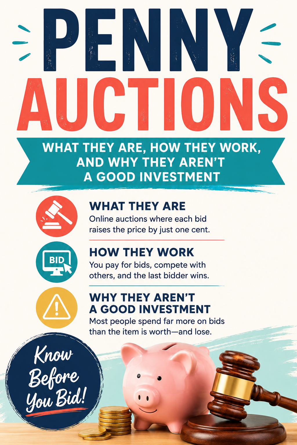 Vertical Pinterest graphic about penny auctions with text explaining how they work and why they are not a good investment, featuring a piggy bank and auction gavel.