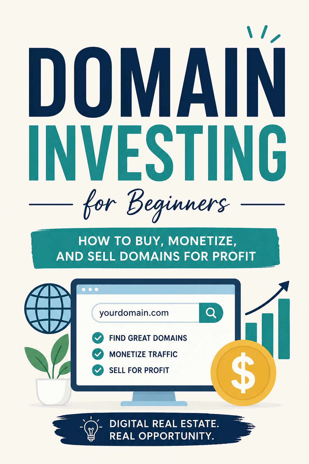Pinterest graphic about domain investing with computer monitor, globe, and growth chart icons