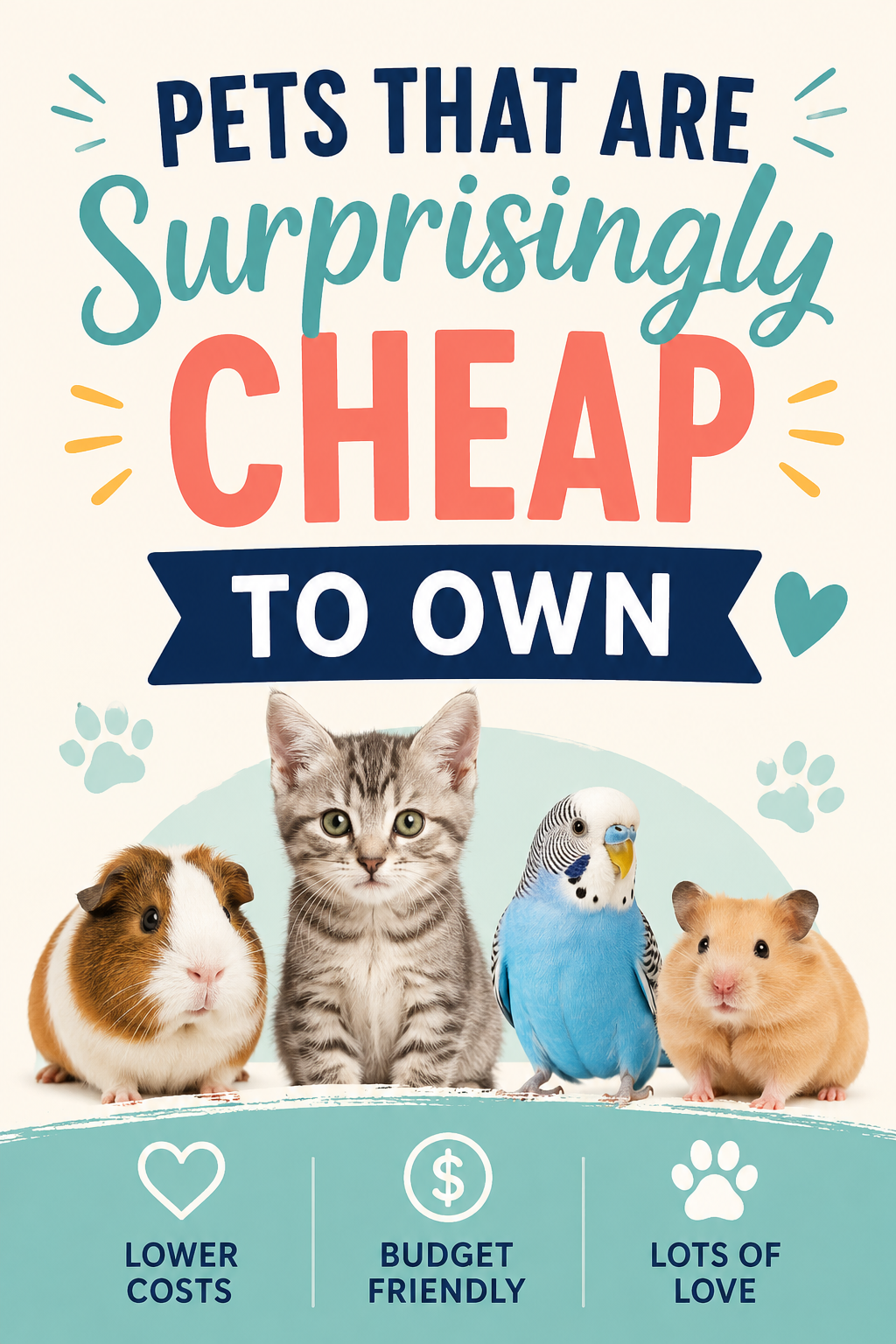 Pinterest graphic featuring affordable pets including a guinea pig, kitten, bird, and hamster with the text “Pets That Are Surprisingly Cheap to Own”