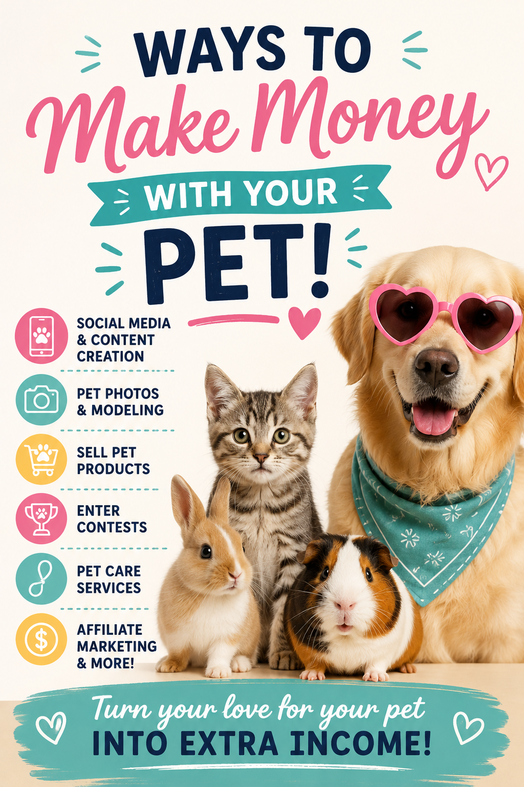 Pinterest graphic featuring pets with the text “Ways To Make Money With Your Pet” and ideas like social media, pet modeling, affiliate marketing, and pet care services