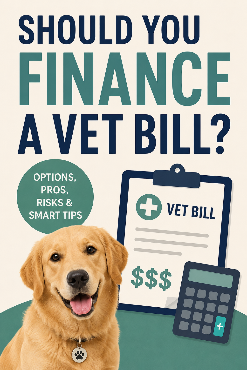 Pinterest graphic featuring a dog, vet bill clipboard, and calculator with text about financing veterinary bills