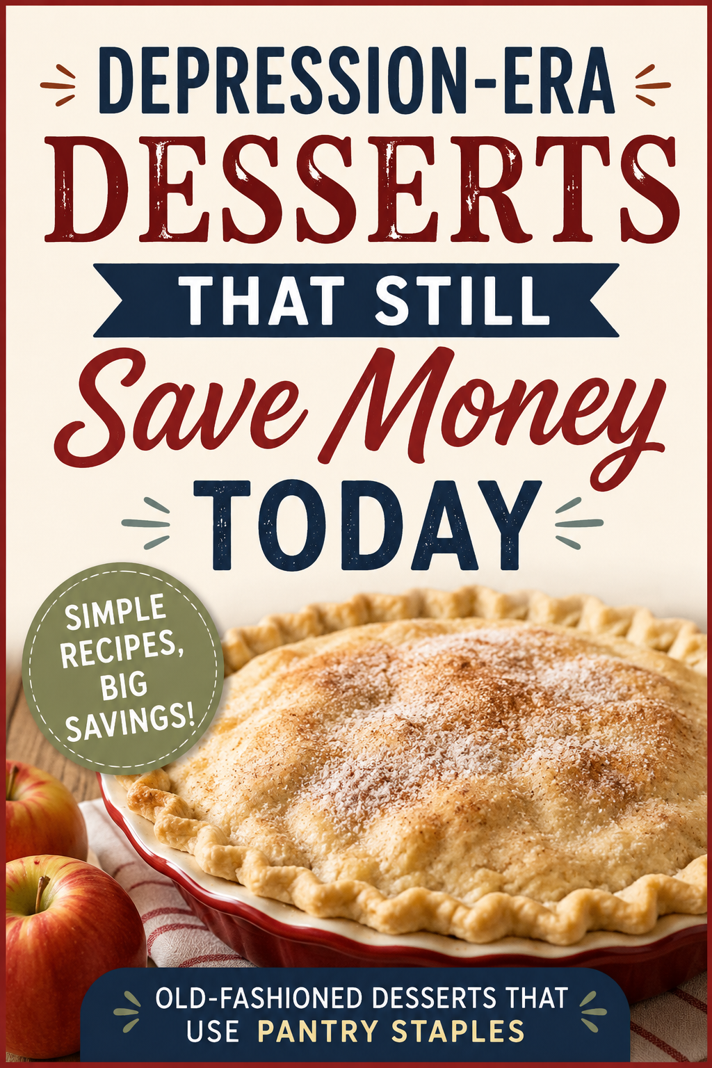 Vintage-style Pinterest graphic featuring a homemade pie and text about Depression-era desserts made from pantry staples