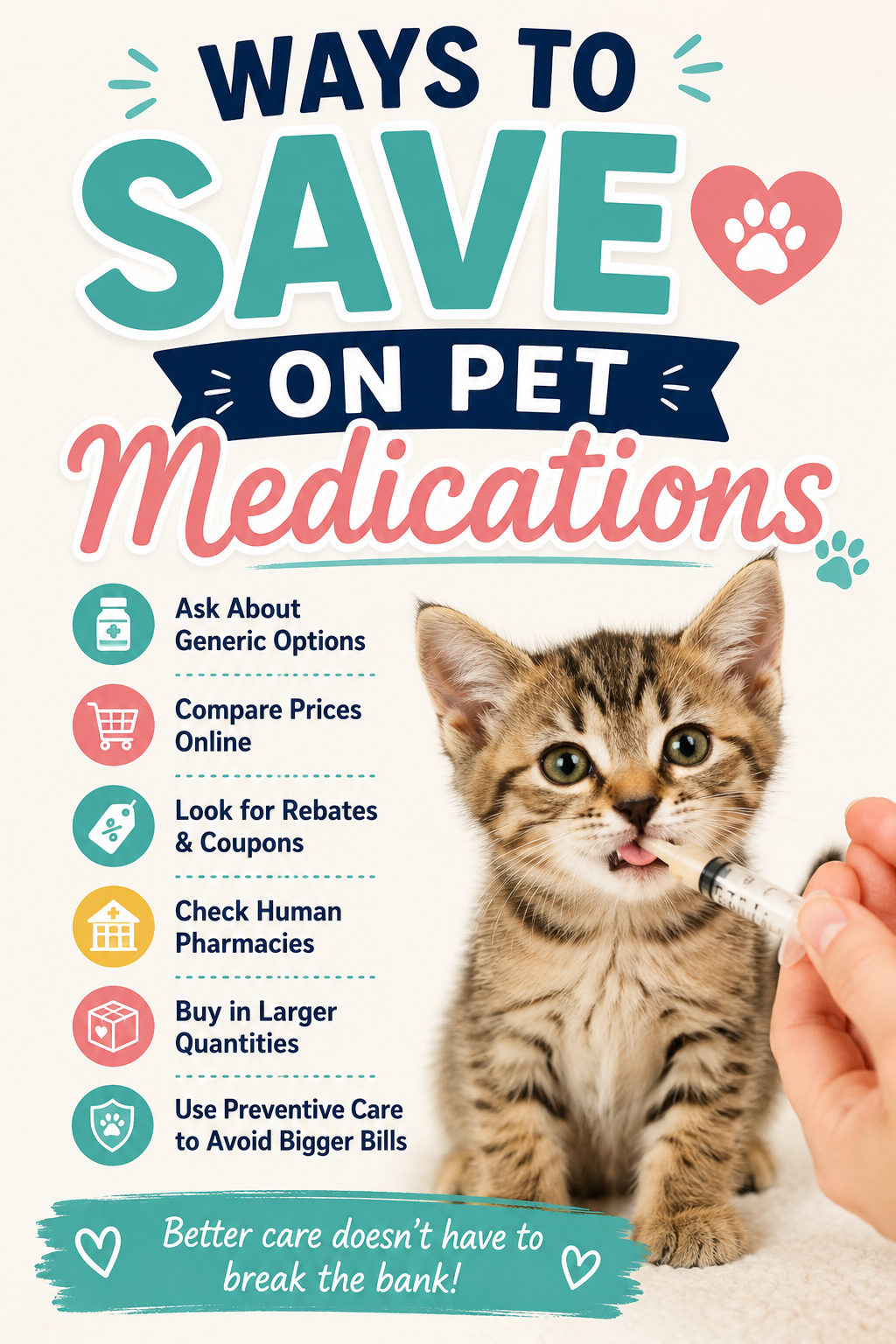 Pinterest graphic with kitten and pet medicine tips titled “Ways To Save On Pet Medications”