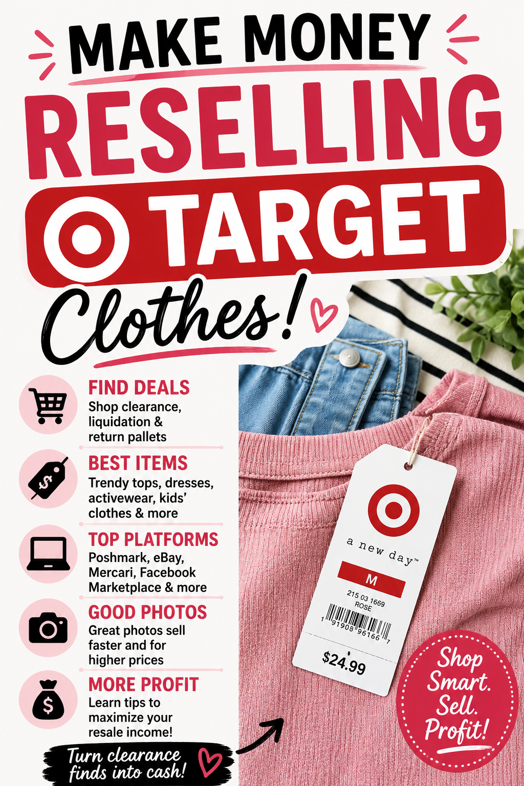 Pinterest graphic about reselling Target clothes for profit featuring clearance clothing and resale tips