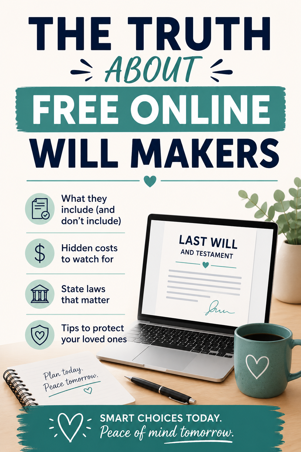 Pinterest graphic about free online will makers with laptop displaying a last will and testament document