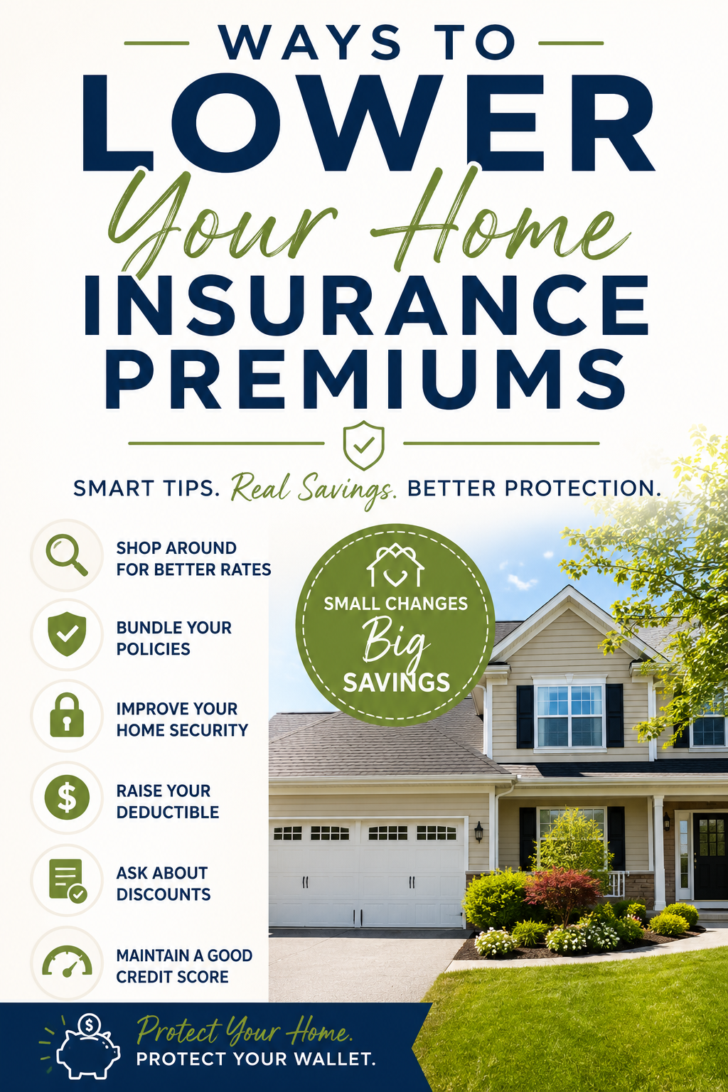 Pinterest graphic about lowering home insurance premiums featuring a suburban house and money-saving tips