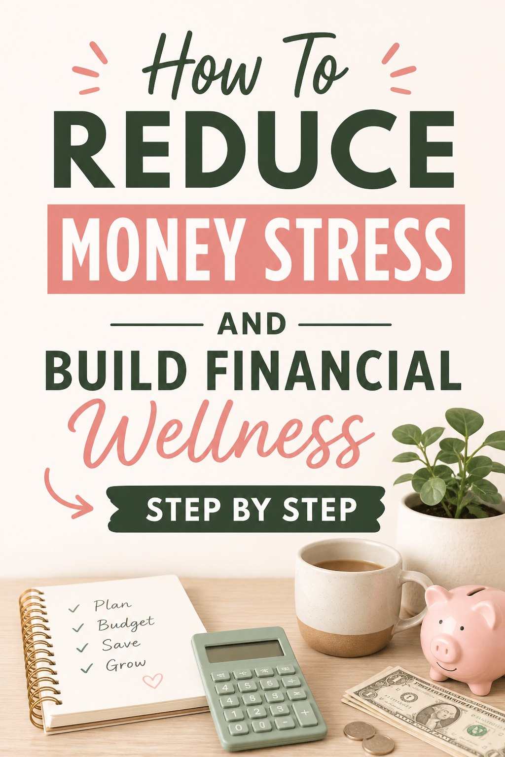 Simple Pinterest graphic about reducing money stress and building financial wellness step by step with calculator, notebook, and piggy bank