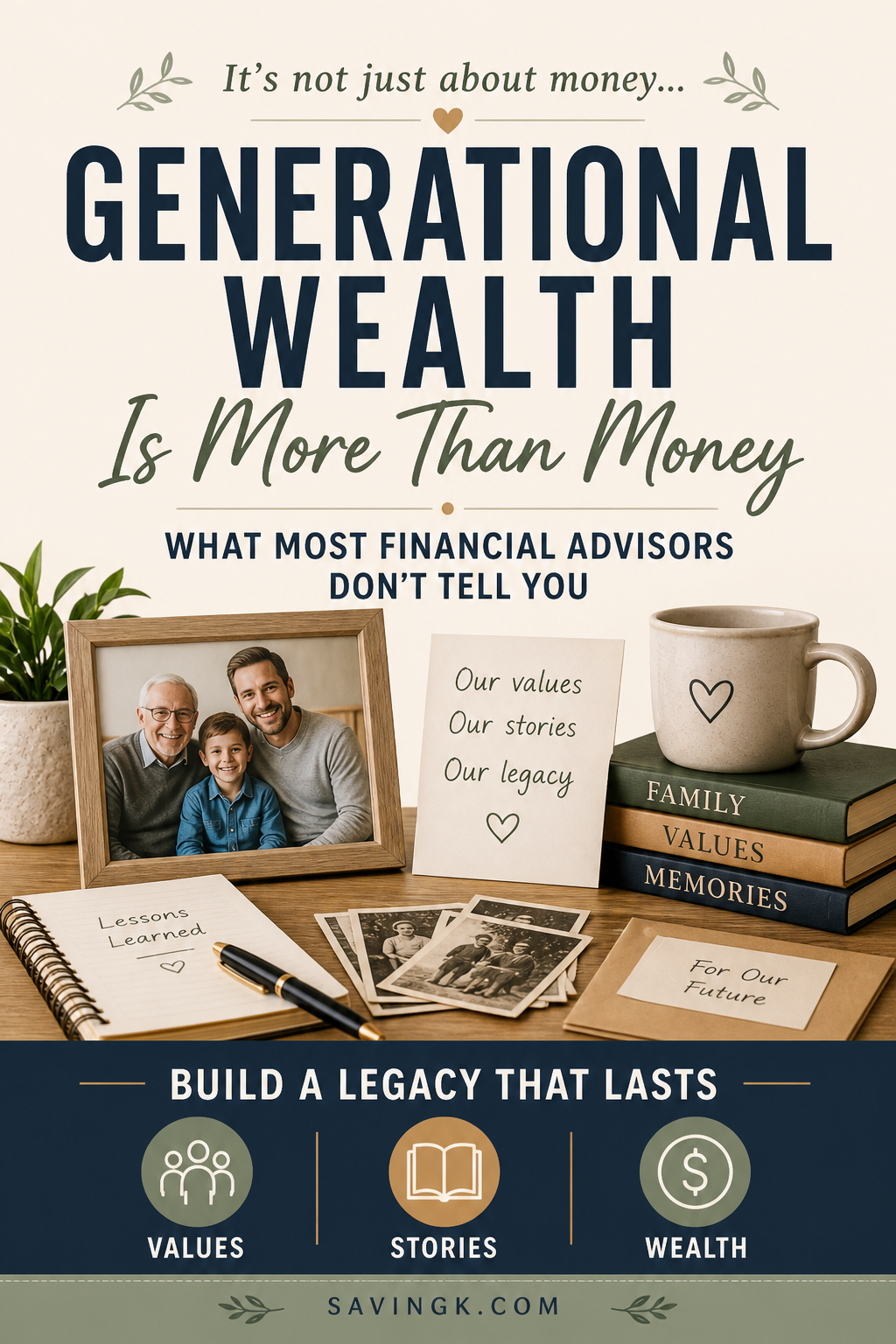 Pinterest graphic about generational wealth showing that building a legacy includes values, stories, and money, not just financial assets