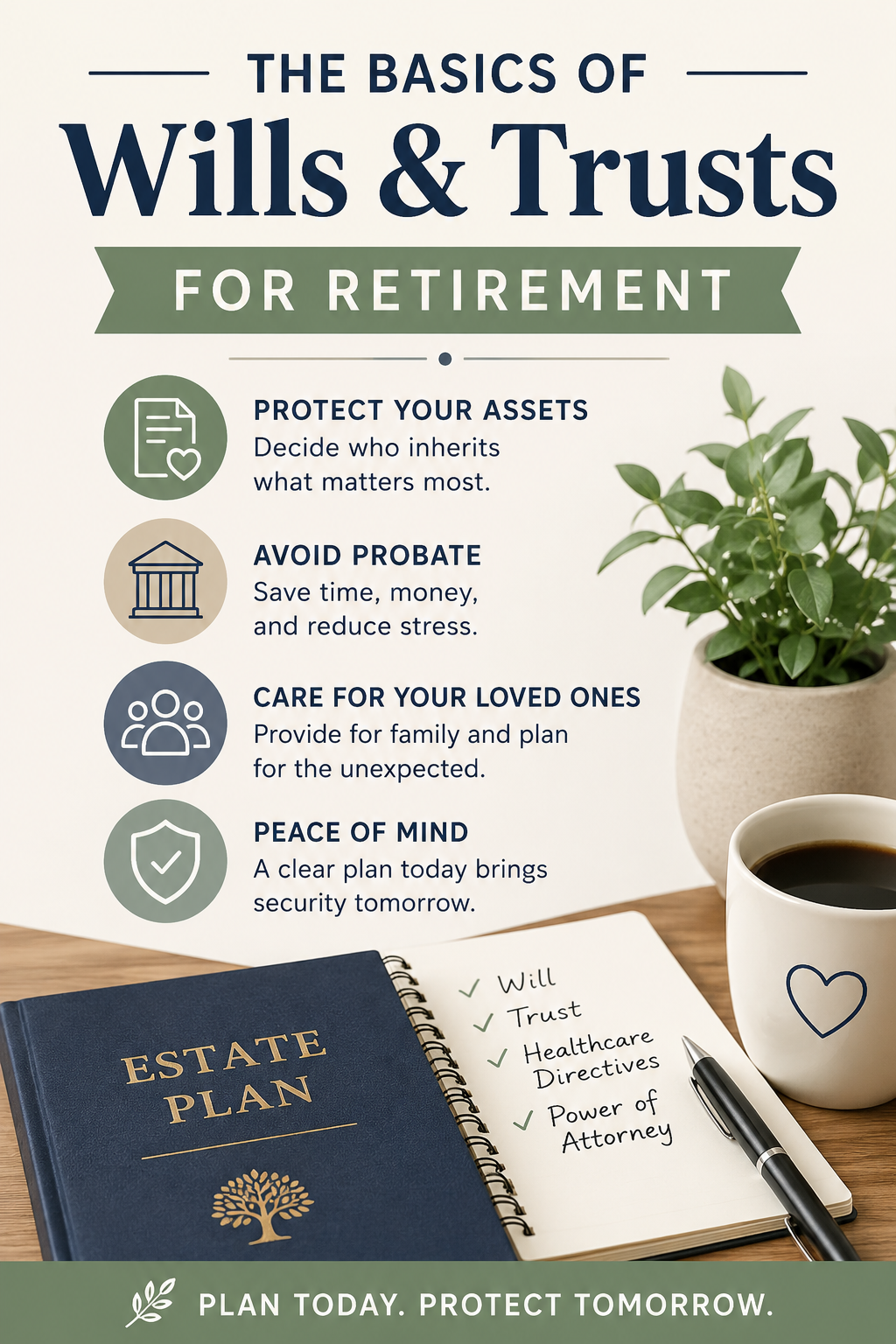 Simple Pinterest graphic about wills and trusts for retirement with estate planning checklist, coffee cup, and tips for protecting assets and avoiding probate.