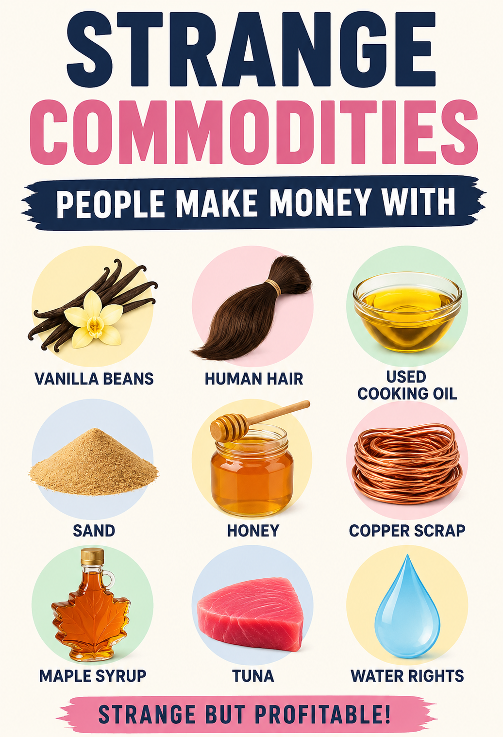Pinterest graphic showing unusual commodities people profit from including vanilla beans, human hair, used cooking oil, sand, honey, copper scrap, maple syrup, tuna, and water rights.