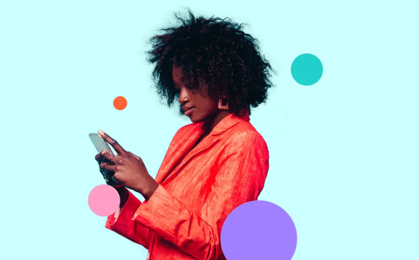 Woman using a smartphone with colorful abstract circles representing buy now pay later apps and digital payments