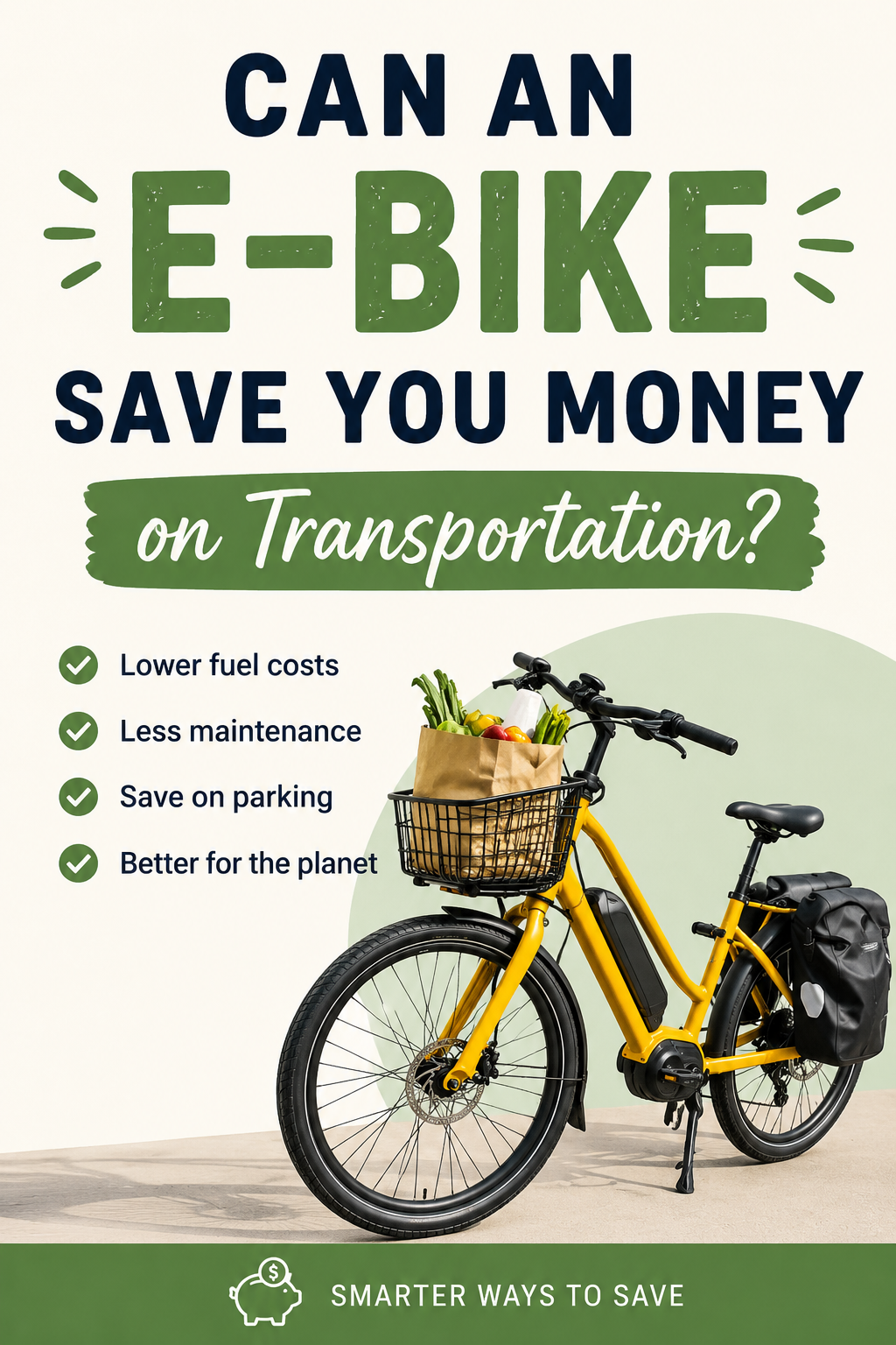 Pinterest graphic featuring a yellow electric bike with groceries and text about saving money on transportation with an e-bike.