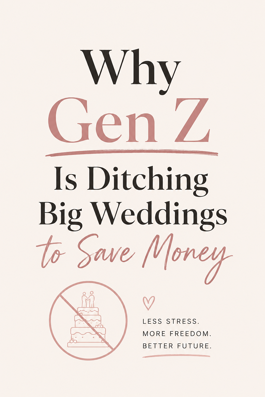 Minimalist Pinterest graphic with the text "Why Gen Z Is Ditching Big Weddings to Save Money" featuring a simple wedding cake icon crossed out and soft neutral colors.