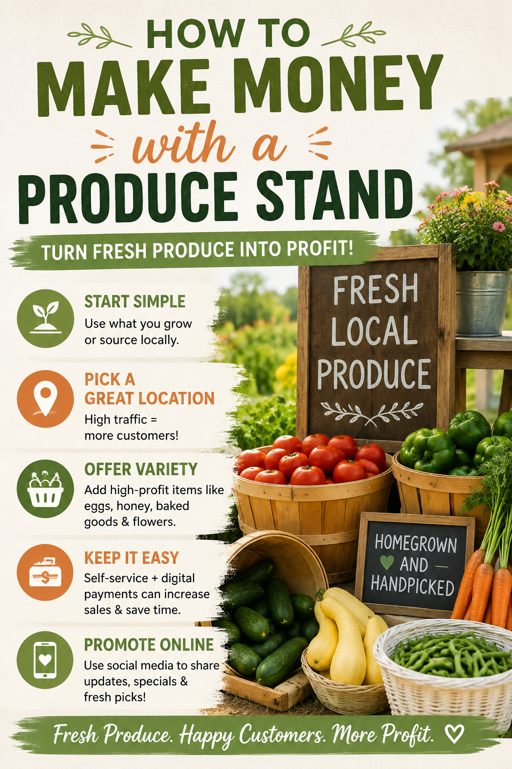 Pinterest graphic showing baskets of fresh vegetables and fruits at a roadside produce stand with tips for earning money selling local produce.
