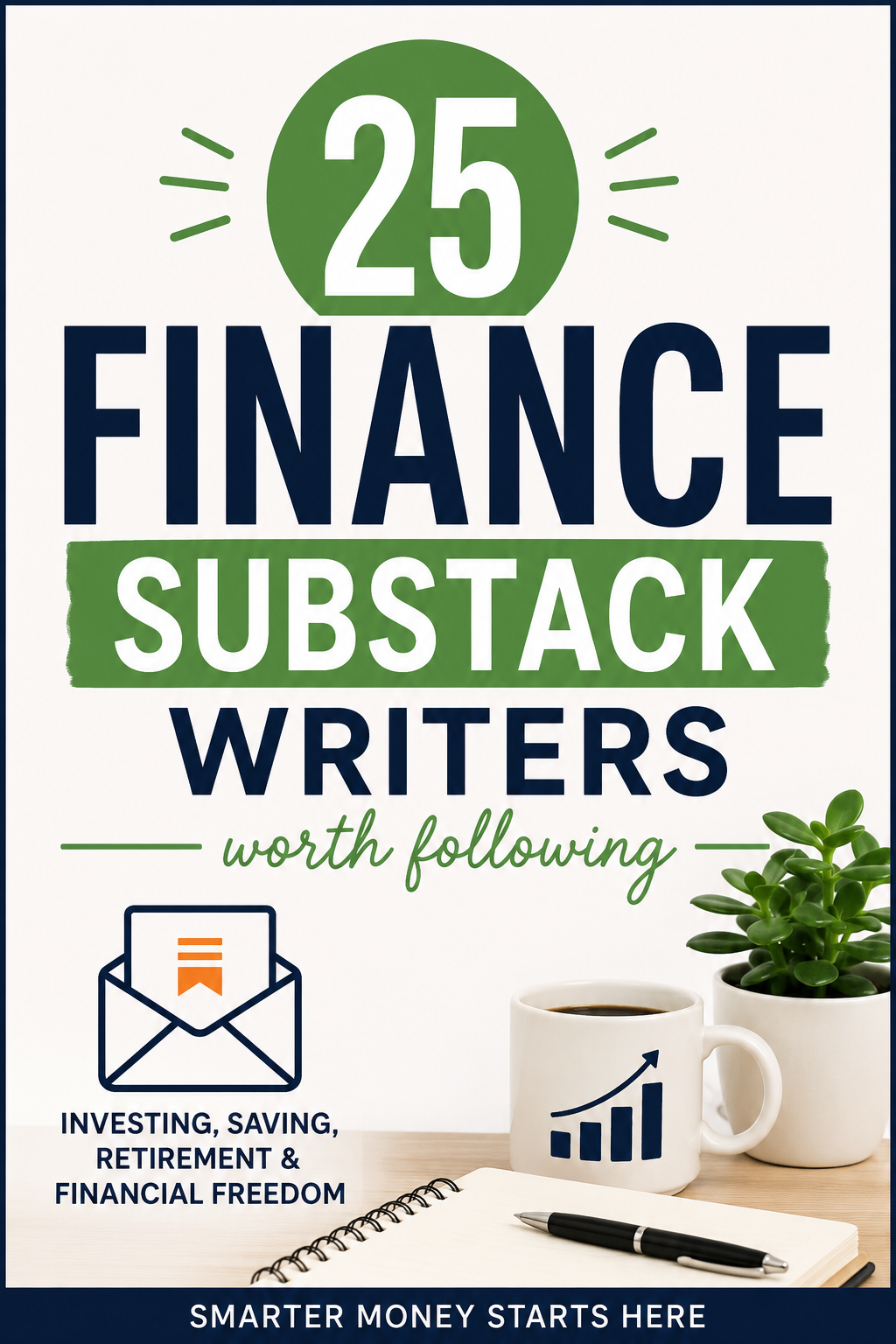 Pinterest graphic featuring the title "25 Finance Substack Writers Worth Following" with finance-themed elements including a coffee mug, notebook, envelope icon, and investment growth chart.