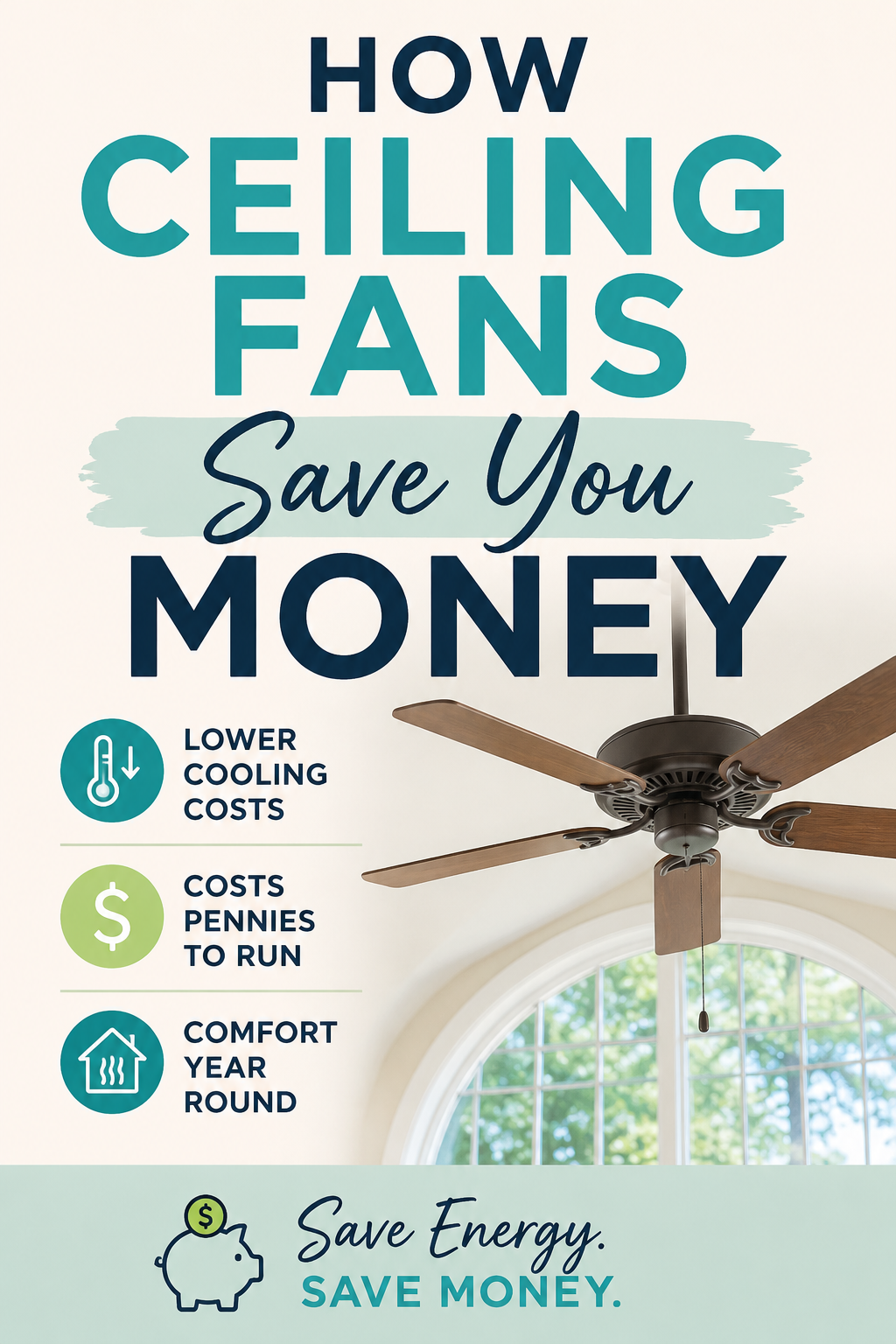 Pinterest graphic explaining how ceiling fans help lower energy bills by reducing cooling costs, costing only pennies to run, and improving year-round comfort.