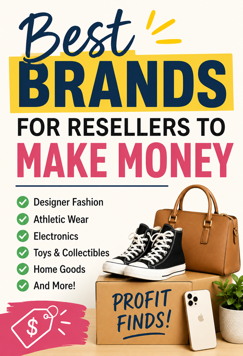 Pinterest graphic featuring the text "Best Brands for Resellers to Make Money" with images of sneakers, a handbag, a smartphone, and a checklist of profitable resale categories.