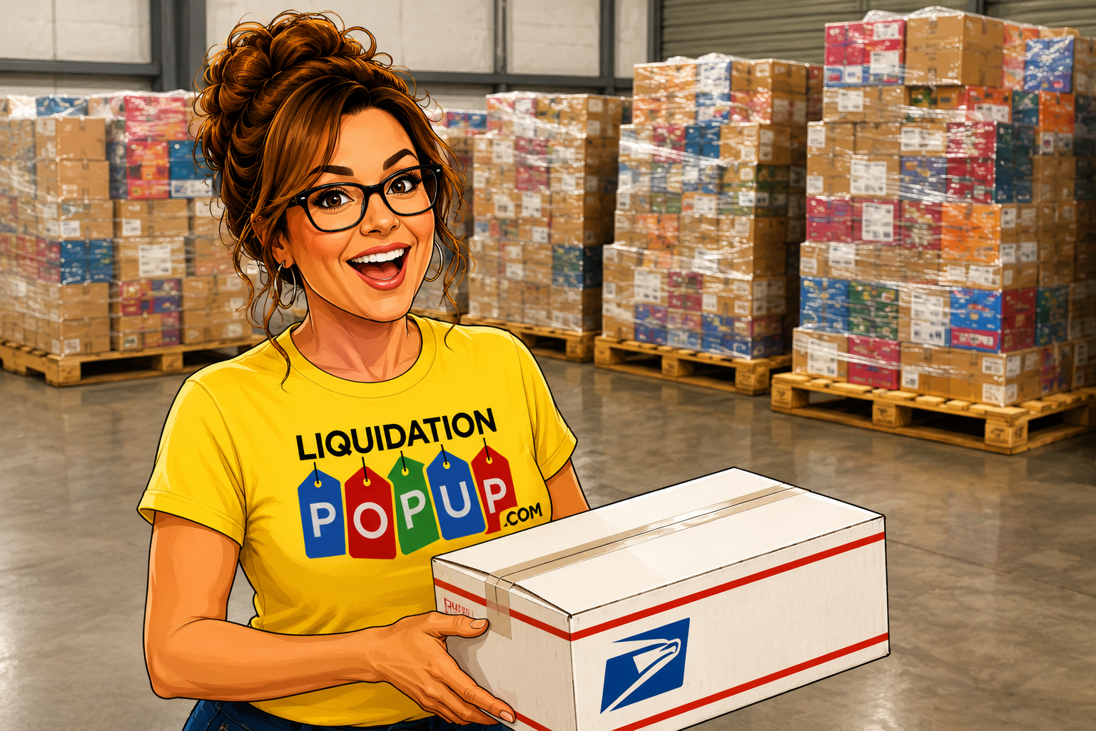 Cartoon illustration of Kim wearing a yellow Liquidation Popup shirt while holding a Priority Mail shipping box in a warehouse filled with liquidation pallets.