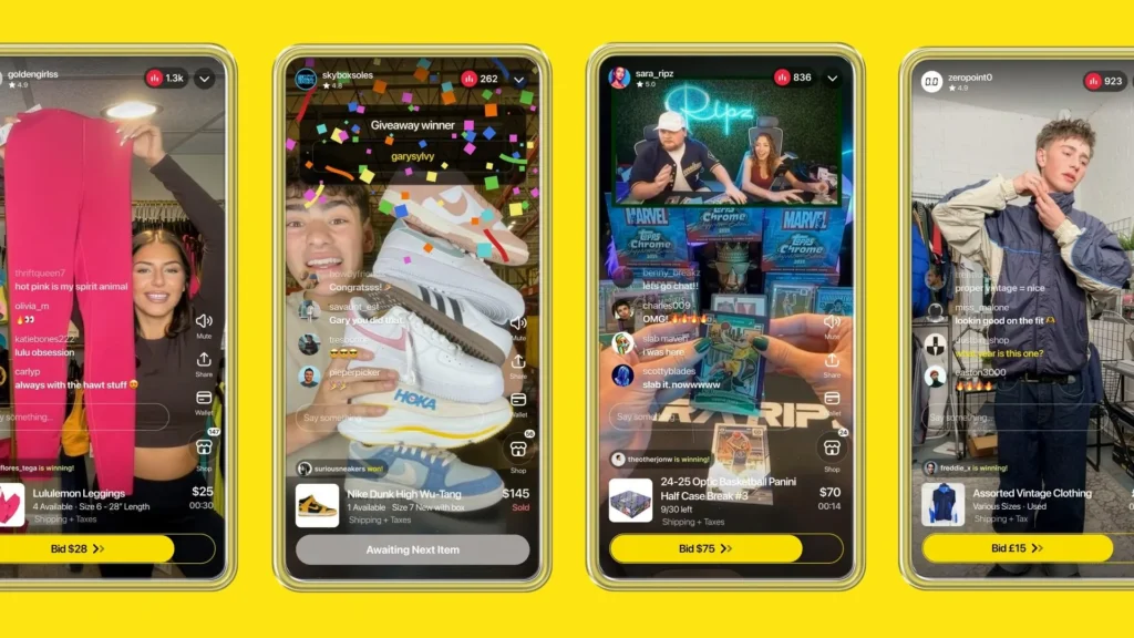 Whatnot live shopping app showing clothing, sneakers, trading cards, and vintage clothing auctions.