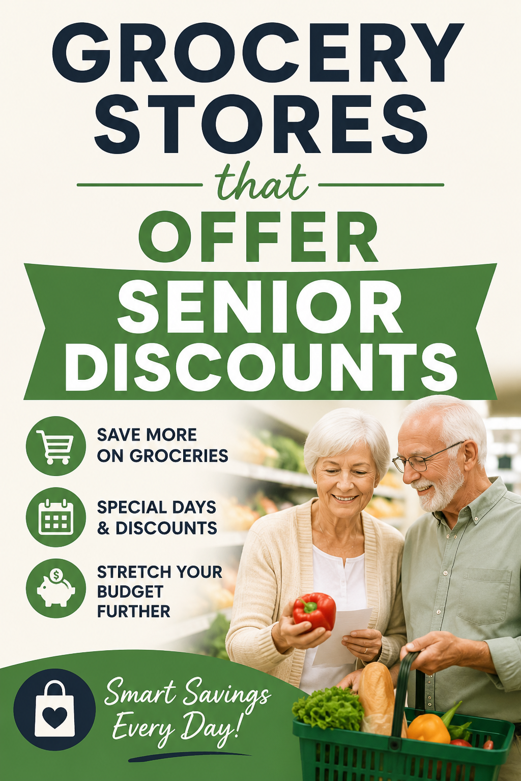 Pinterest graphic featuring a senior couple grocery shopping with tips for finding grocery stores that offer senior discounts.