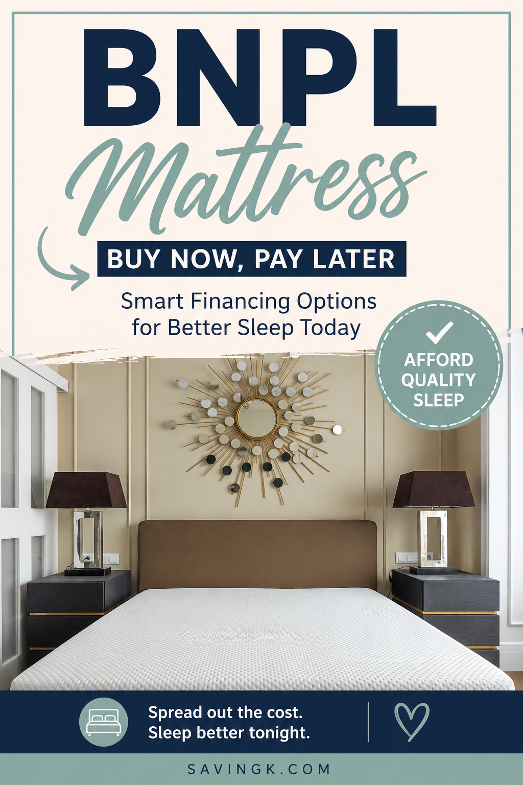 Pinterest graphic featuring a modern bedroom with a white mattress and the text "BNPL Mattress: Buy Now, Pay Later" with smart financing options for better sleep.