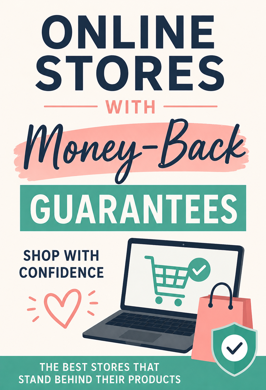 Pinterest graphic promoting online stores with money-back guarantees featuring shopping icons, a laptop, and the text "Online Stores With Money-Back Guarantees."