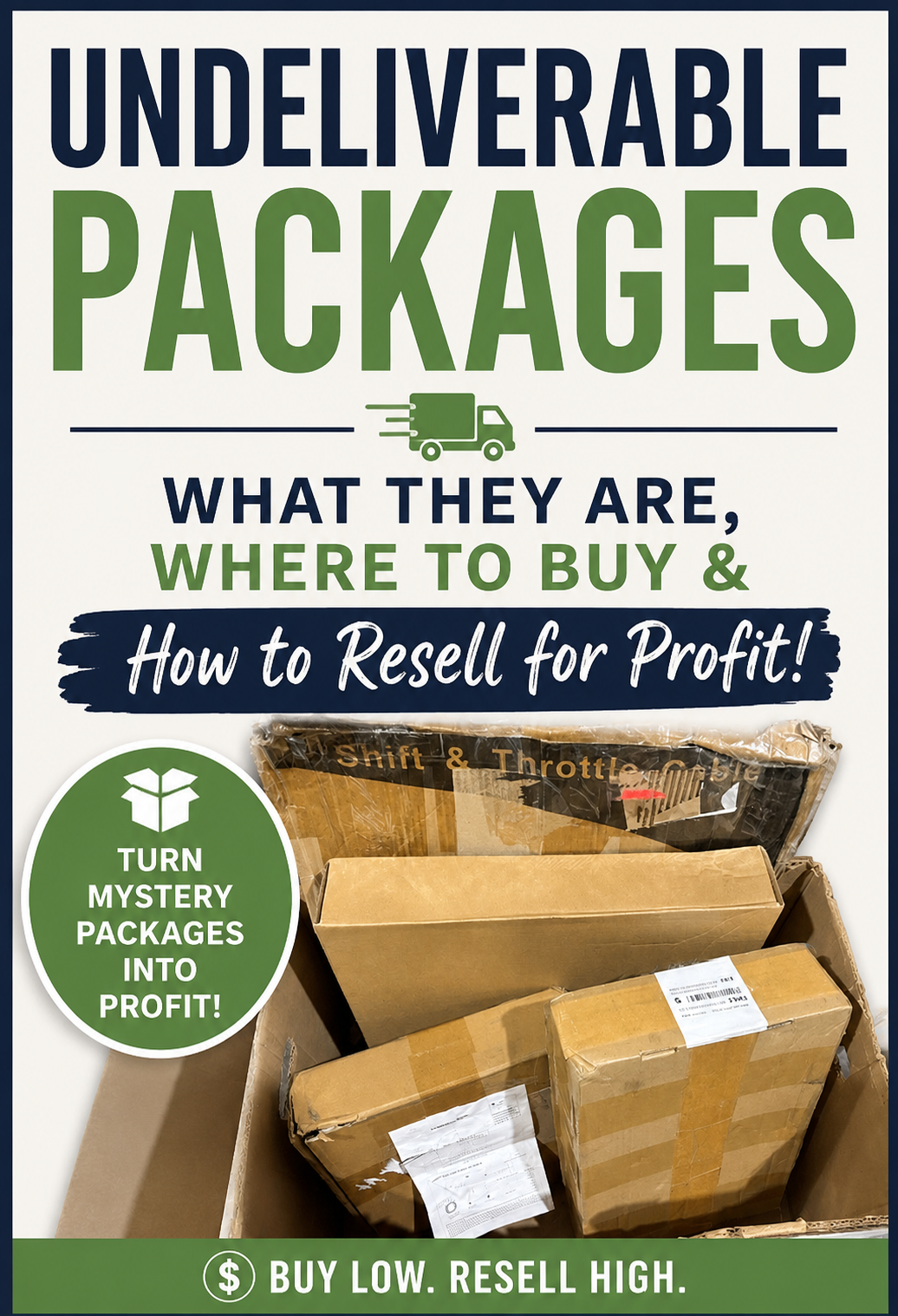 Pinterest graphic about buying undeliverable packages and reselling them for profit, featuring unopened mystery shipping boxes.