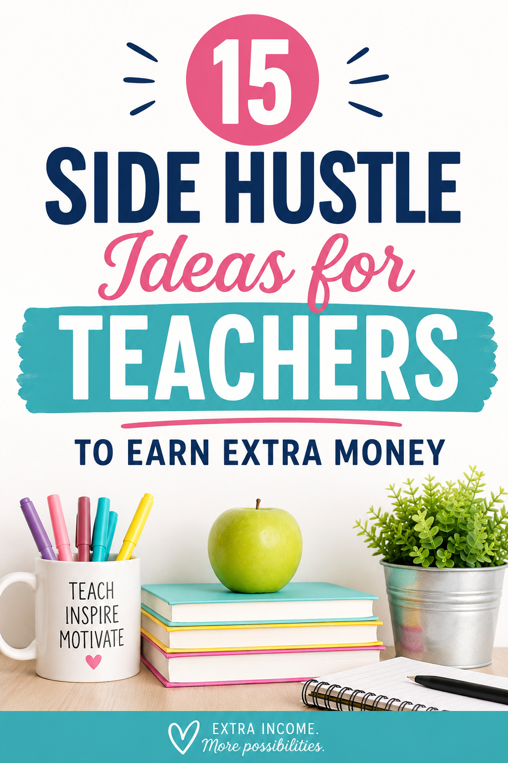 Pinterest graphic featuring the title "15 Side Hustle Ideas for Teachers to Earn Extra Money" with colorful school supplies, books, an apple, and a teacher-themed desk setup.