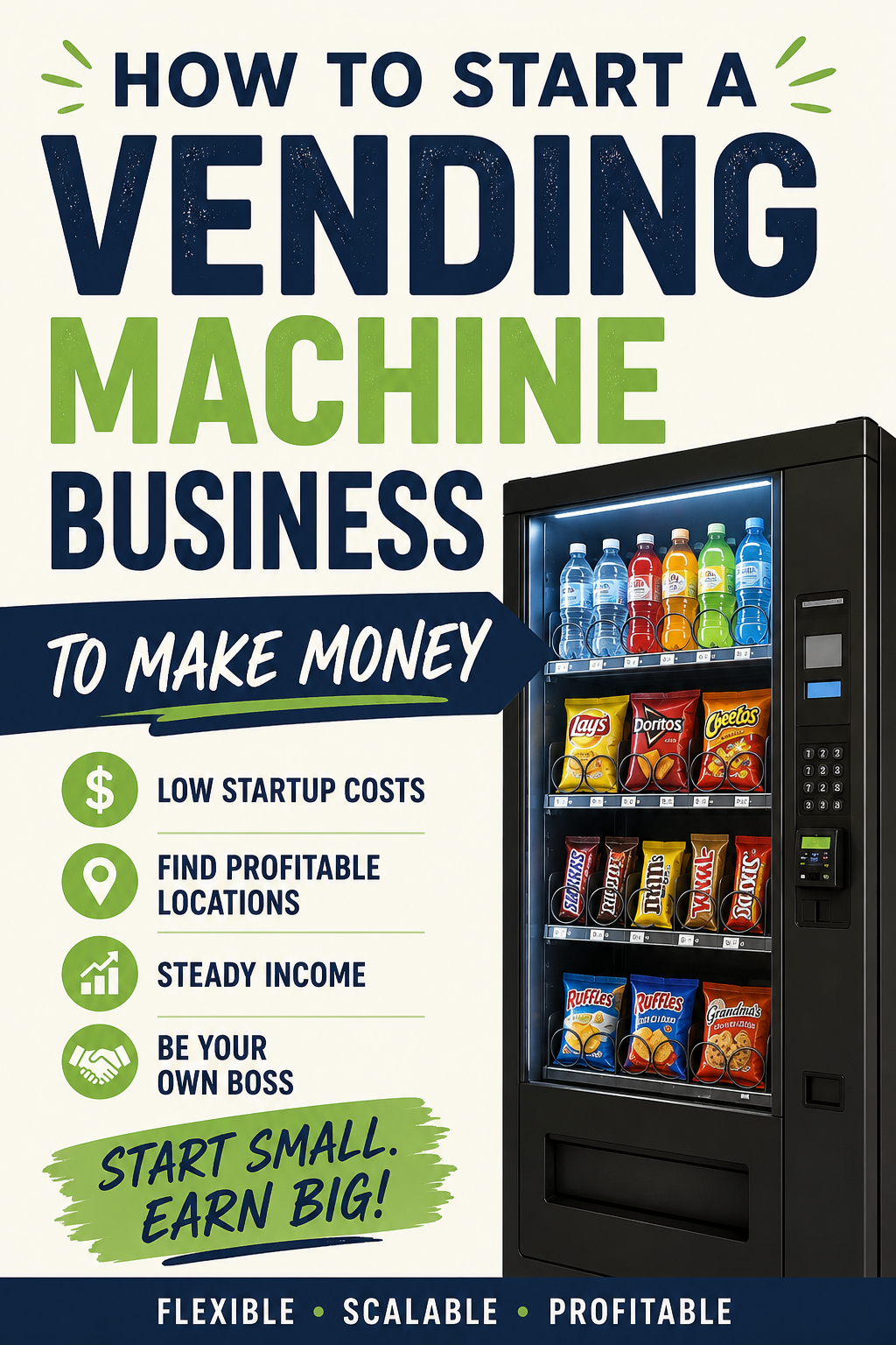 Pinterest graphic featuring a vending machine with tips on starting a profitable vending machine business.
