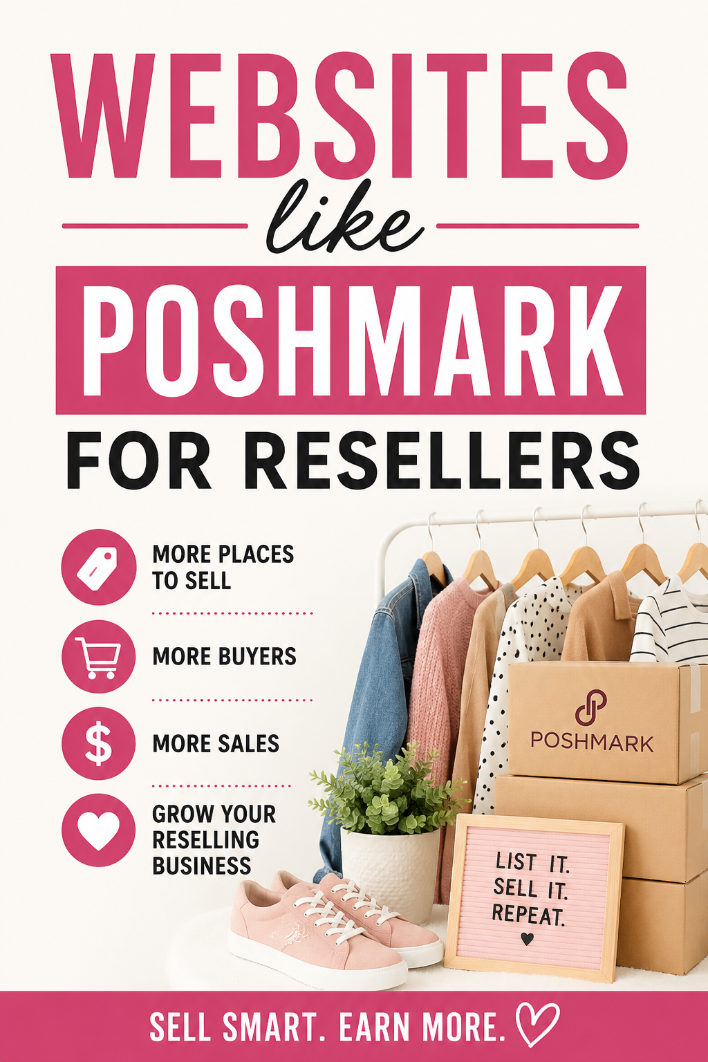 Pinterest graphic featuring the title "Websites Like Poshmark for Resellers" with clothing, shipping boxes, and online resale business imagery.