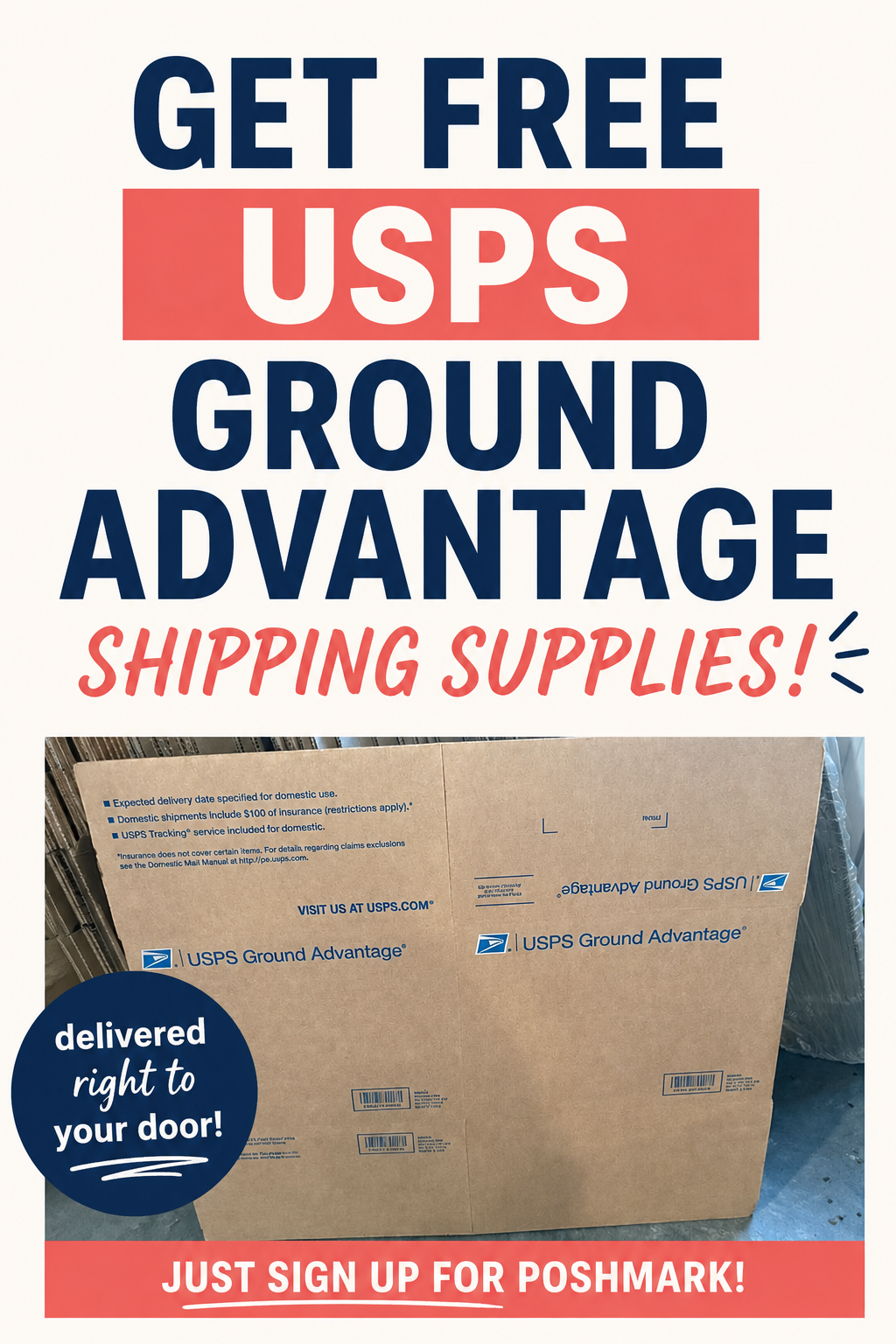 Pinterest graphic showing free USPS Ground Advantage shipping boxes available by signing up for Poshmark