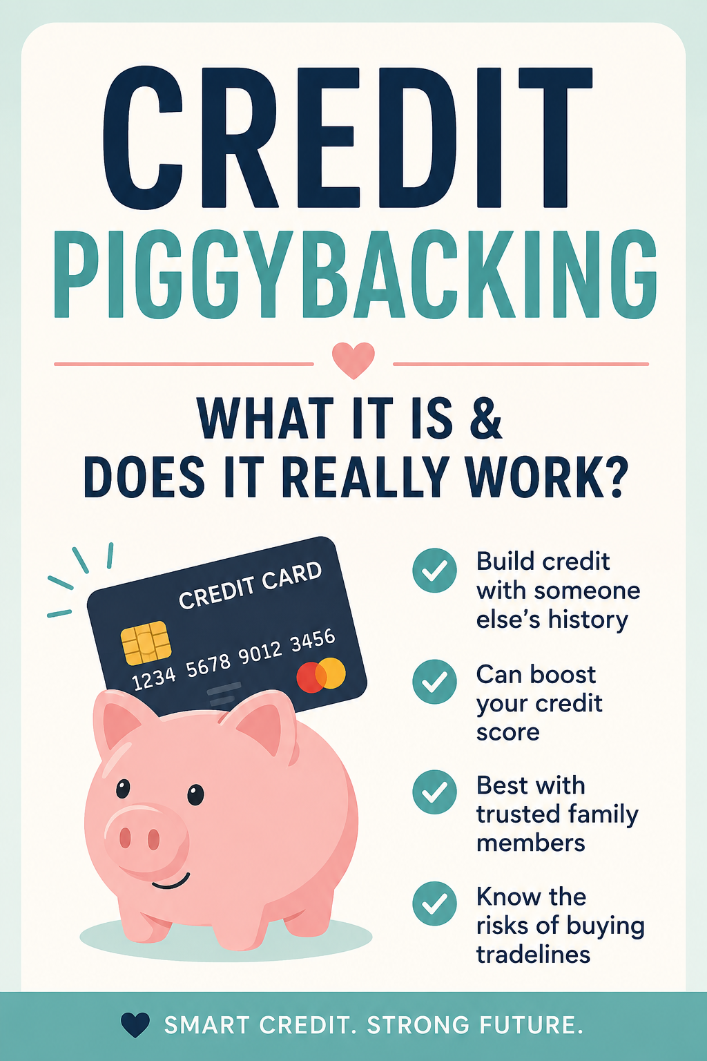 Pinterest graphic explaining credit piggybacking, how it may help build credit, and the risks of buying tradelines.