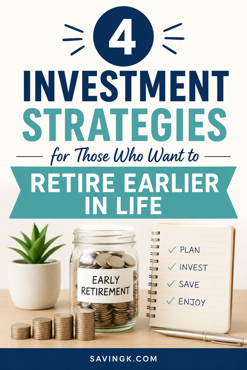 Pinterest graphic featuring four investment strategies for people who want to retire earlier in life