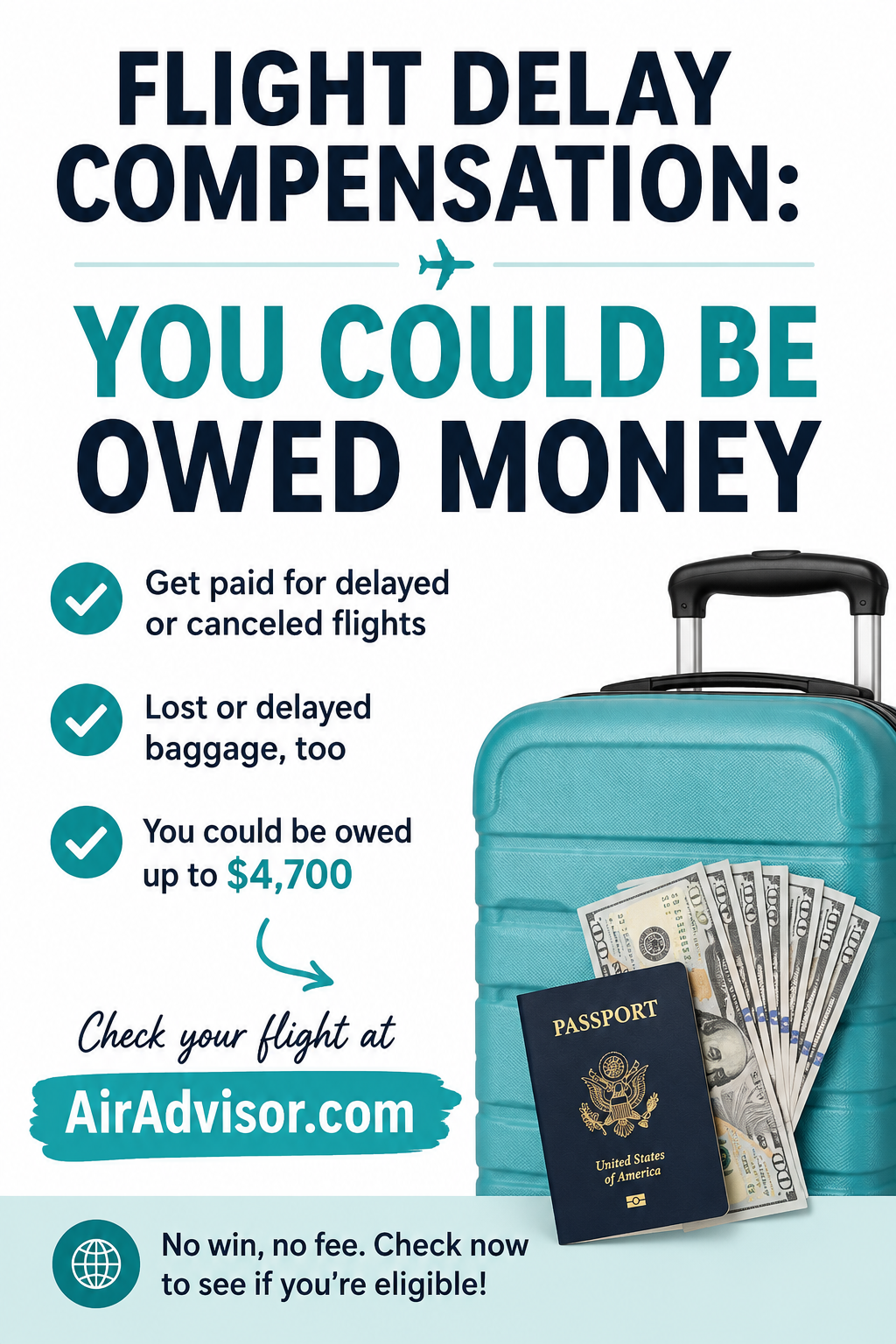 Flight delay compensation graphic showing a suitcase, passport, and cash with potential compensation up to $4,700.