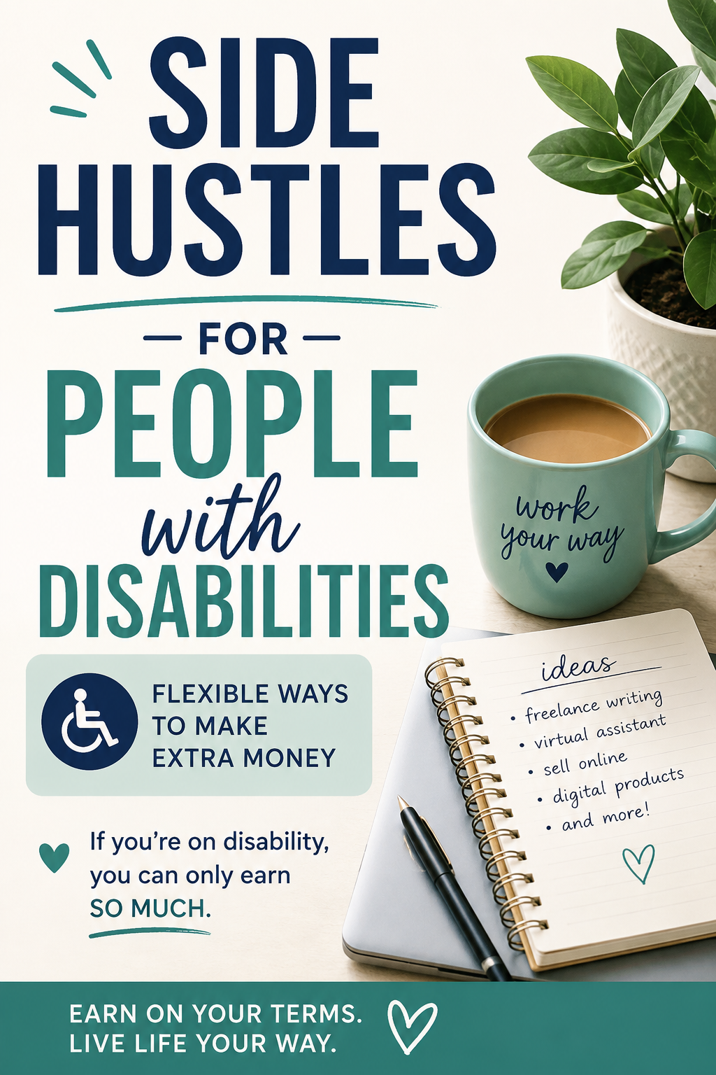 Pinterest graphic for side hustles for people with disabilities featuring flexible ways to make extra money from home or on your own schedule.