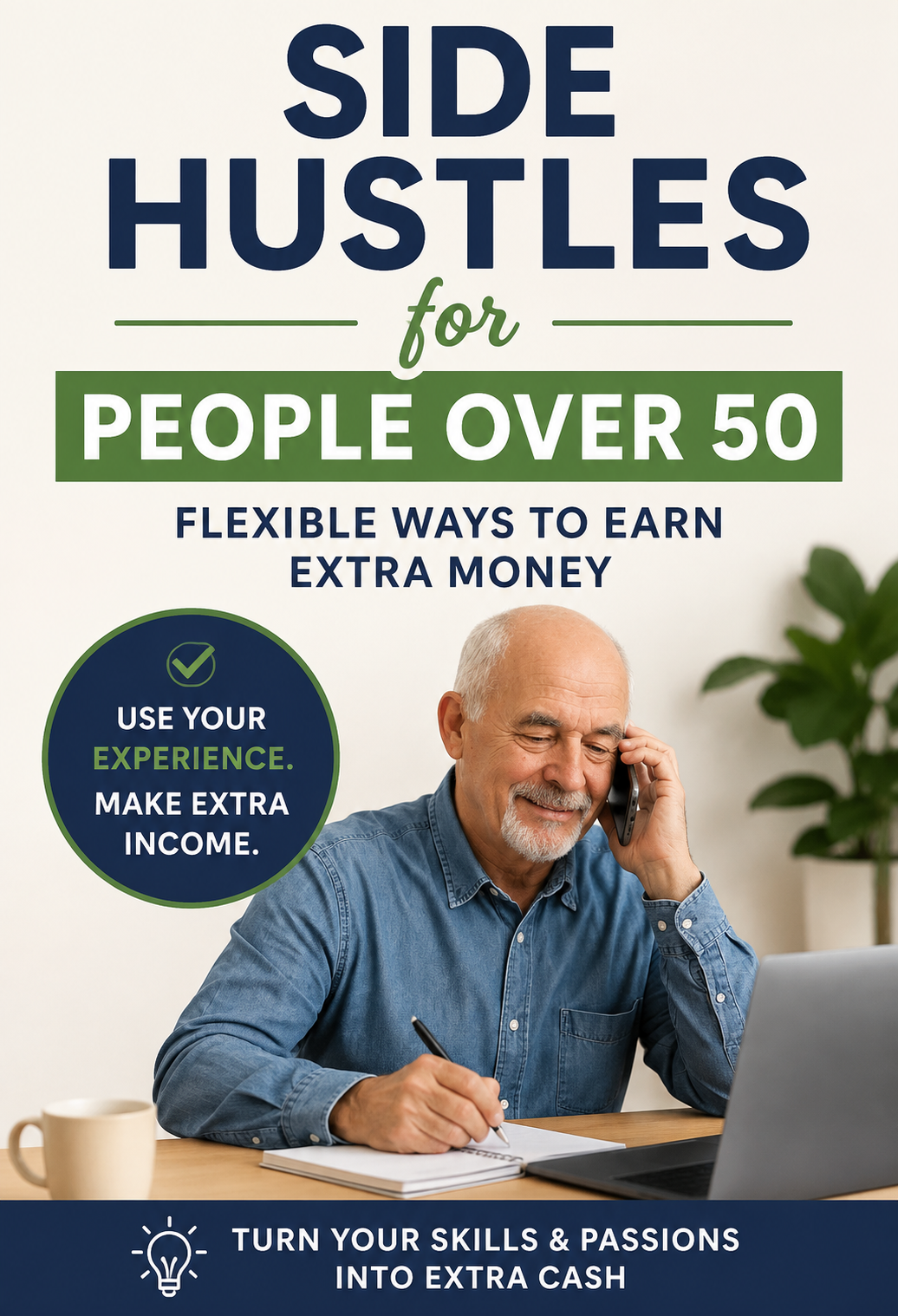 Pinterest graphic featuring a man over 50 working from home with ideas for earning extra money through side hustles.