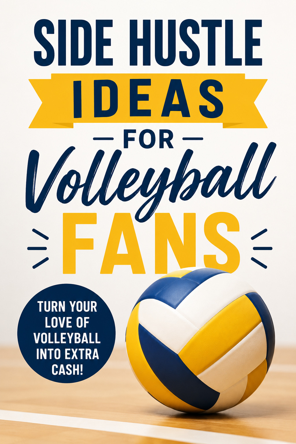 Pinterest graphic featuring a volleyball with the text “Side Hustle Ideas for Volleyball Fans”
