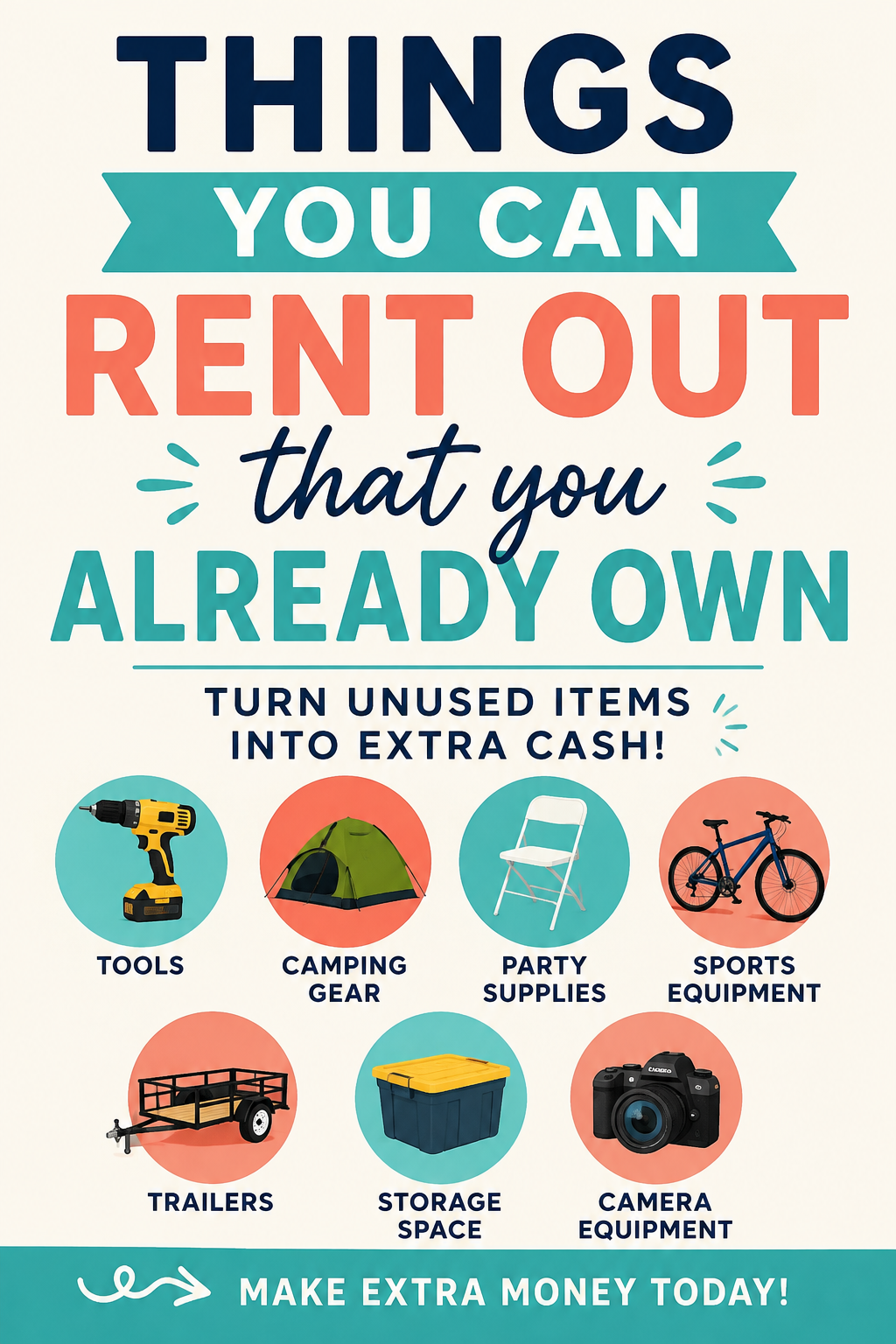 Pinterest graphic featuring ideas for renting out items you already own, including tools, camping gear, party supplies, trailers, storage space, sports equipment, and cameras to earn extra money.