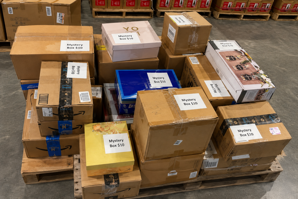 Pallet stacked with assorted mystery boxes for sale