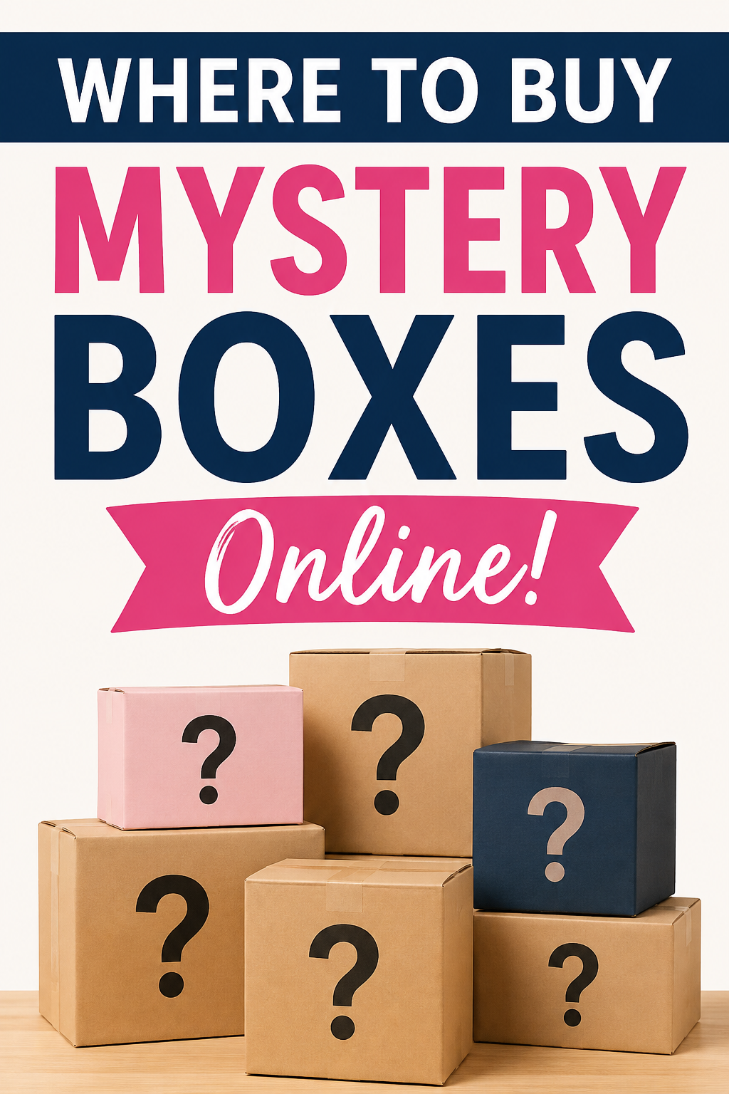 Pinterest graphic featuring stacked mystery boxes with question marks and text reading “Where to Buy Mystery Boxes Online”