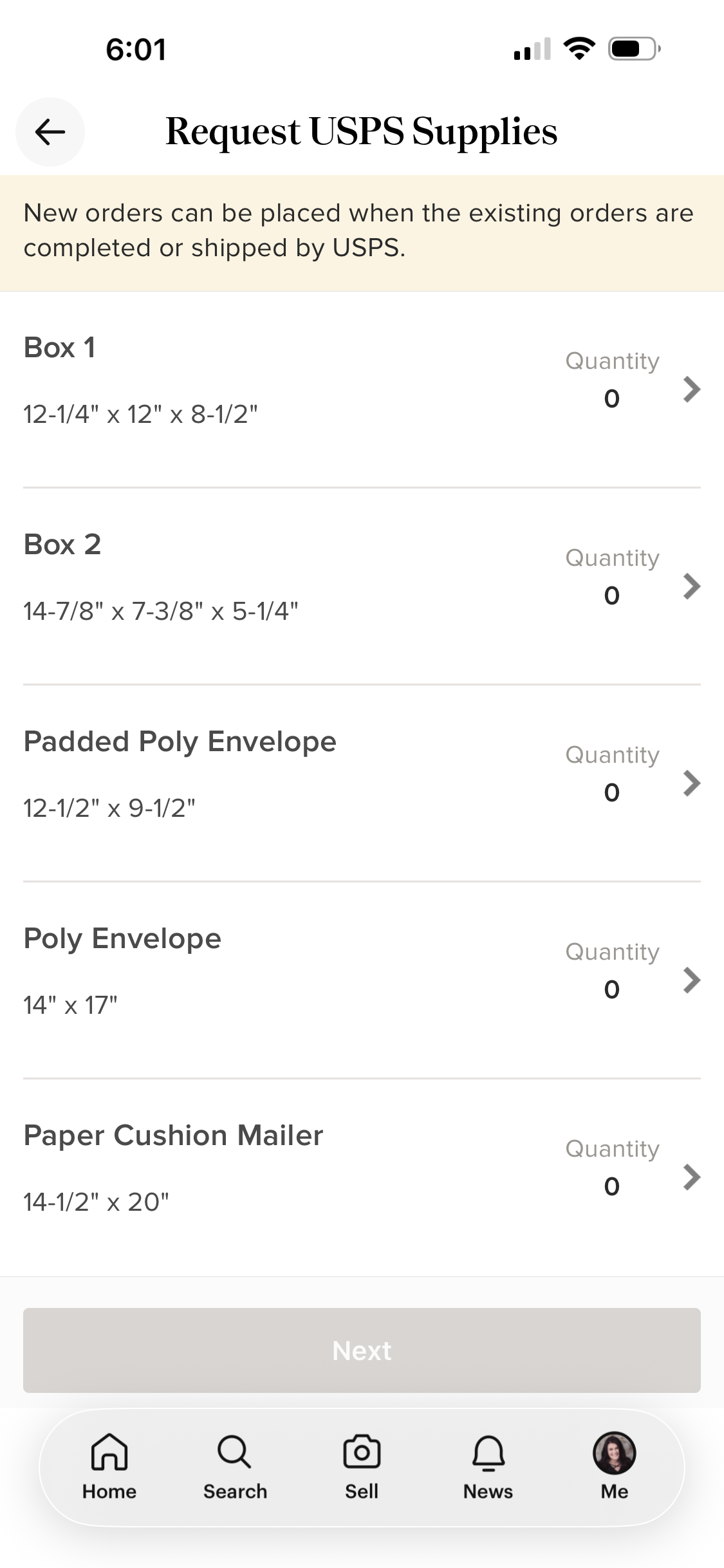 Poshmark Request USPS Supplies screen showing free Ground Advantage boxes, poly envelopes, padded mailers and paper cushion mailers