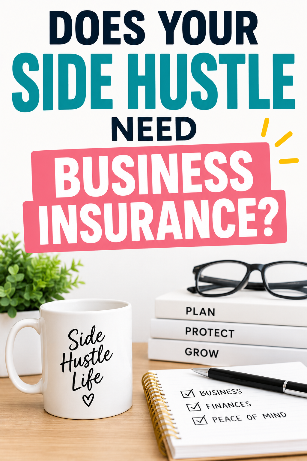 Pinterest graphic with the text “Does Your Side Hustle Need Business Insurance?” featuring a side hustle coffee mug, business planning notebooks, glasses, and a checklist.