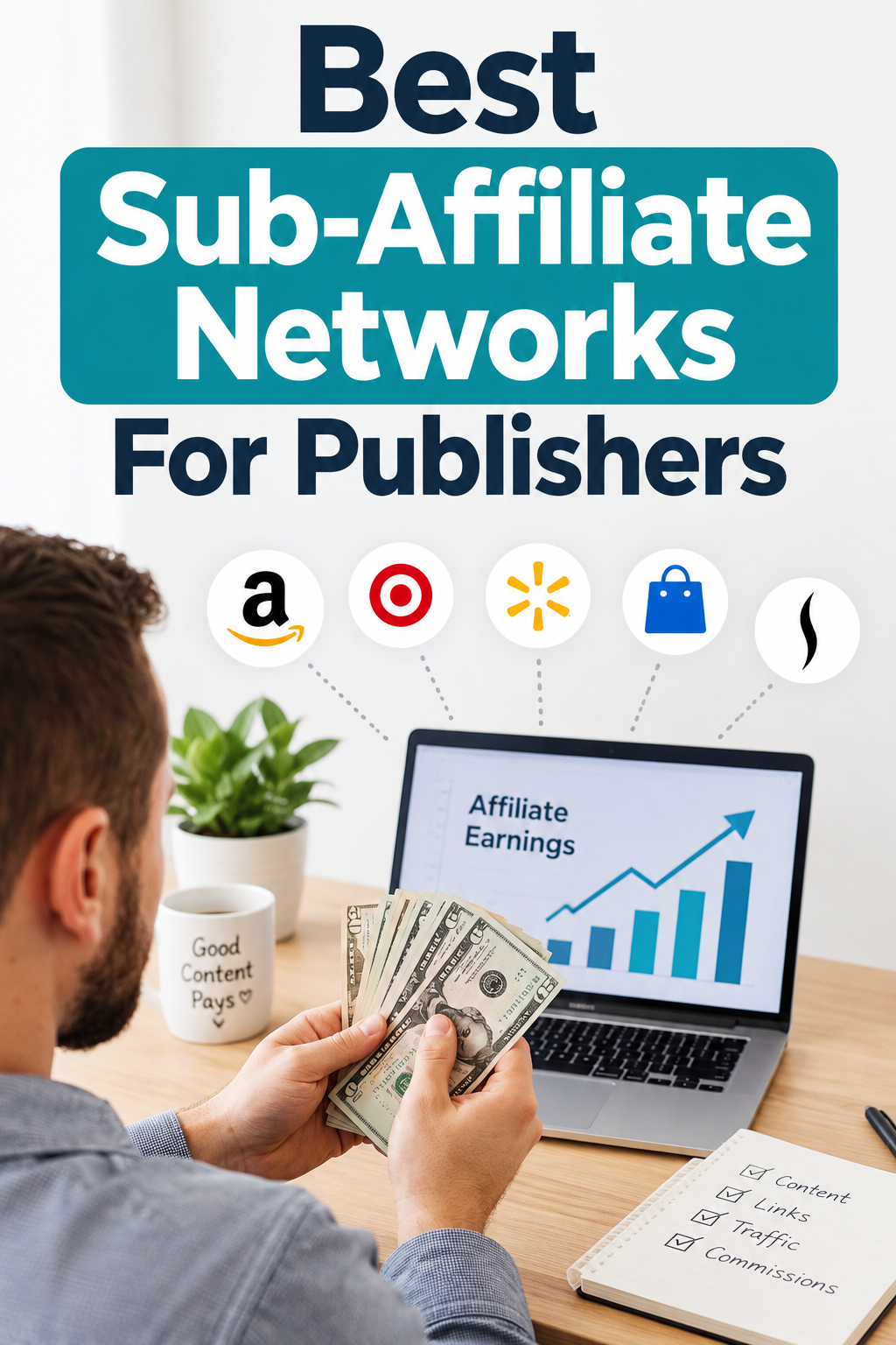 Pinterest graphic showing a publisher earning affiliate commissions through sub-affiliate networks.