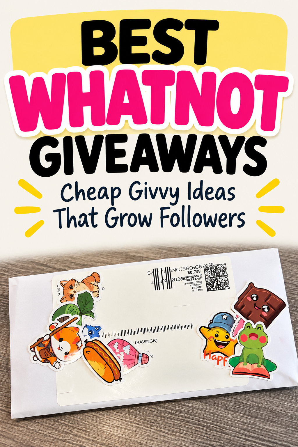 Pinterest graphic for best Whatnot giveaways featuring inexpensive sticker givvys that can help sellers grow followers.