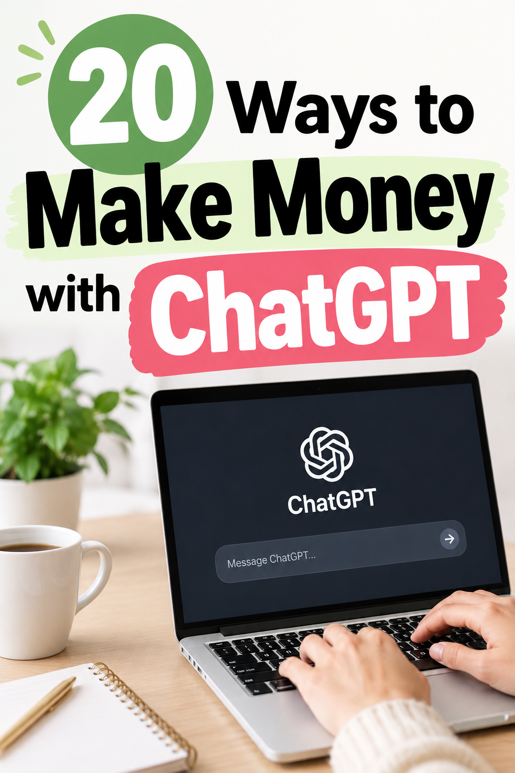 Pinterest graphic featuring a laptop with ChatGPT and the headline "20 Ways to Make Money with ChatGPT."