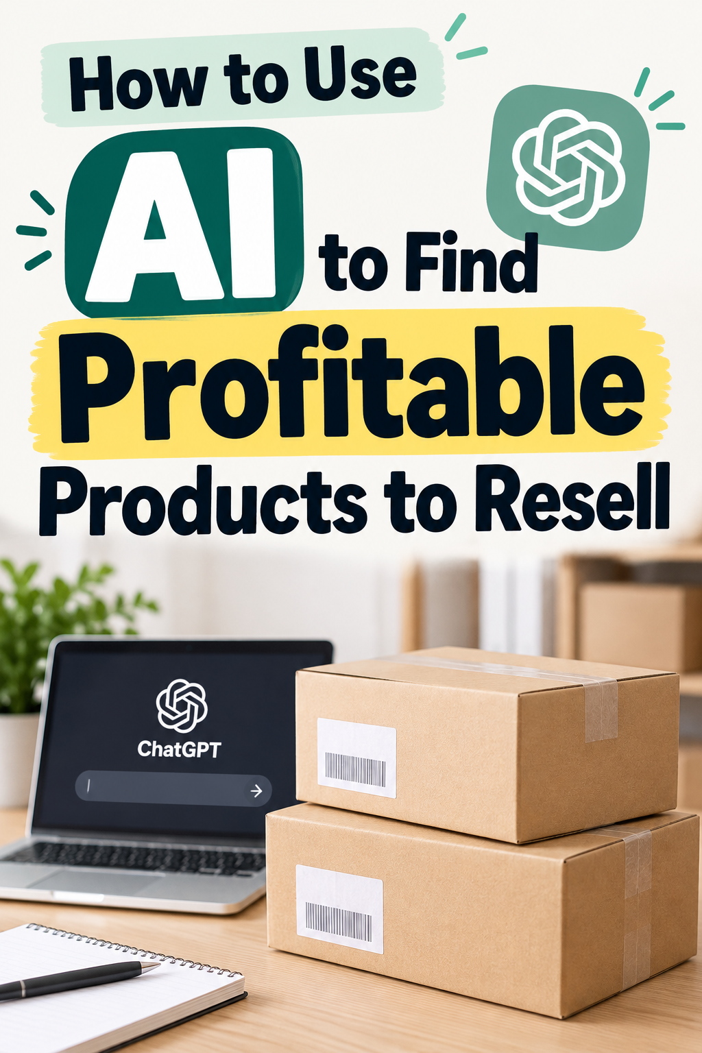 Pinterest graphic showing shipping boxes and a laptop with ChatGPT, highlighting how to use AI to find profitable products to resell.