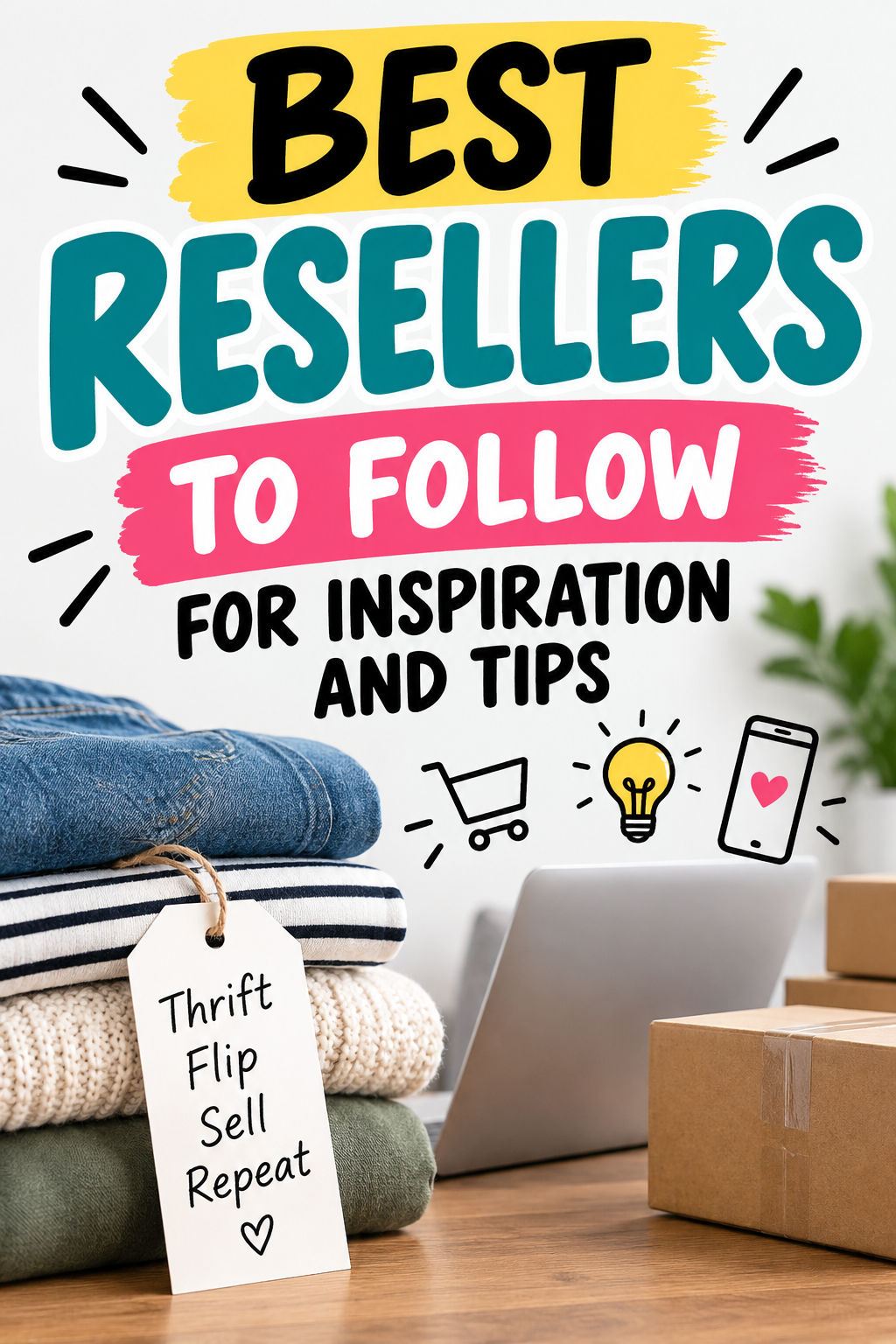 Pinterest graphic featuring the best resellers to follow for inspiration and tips, with thrifted clothing, shipping boxes, a laptop, and reselling icons.