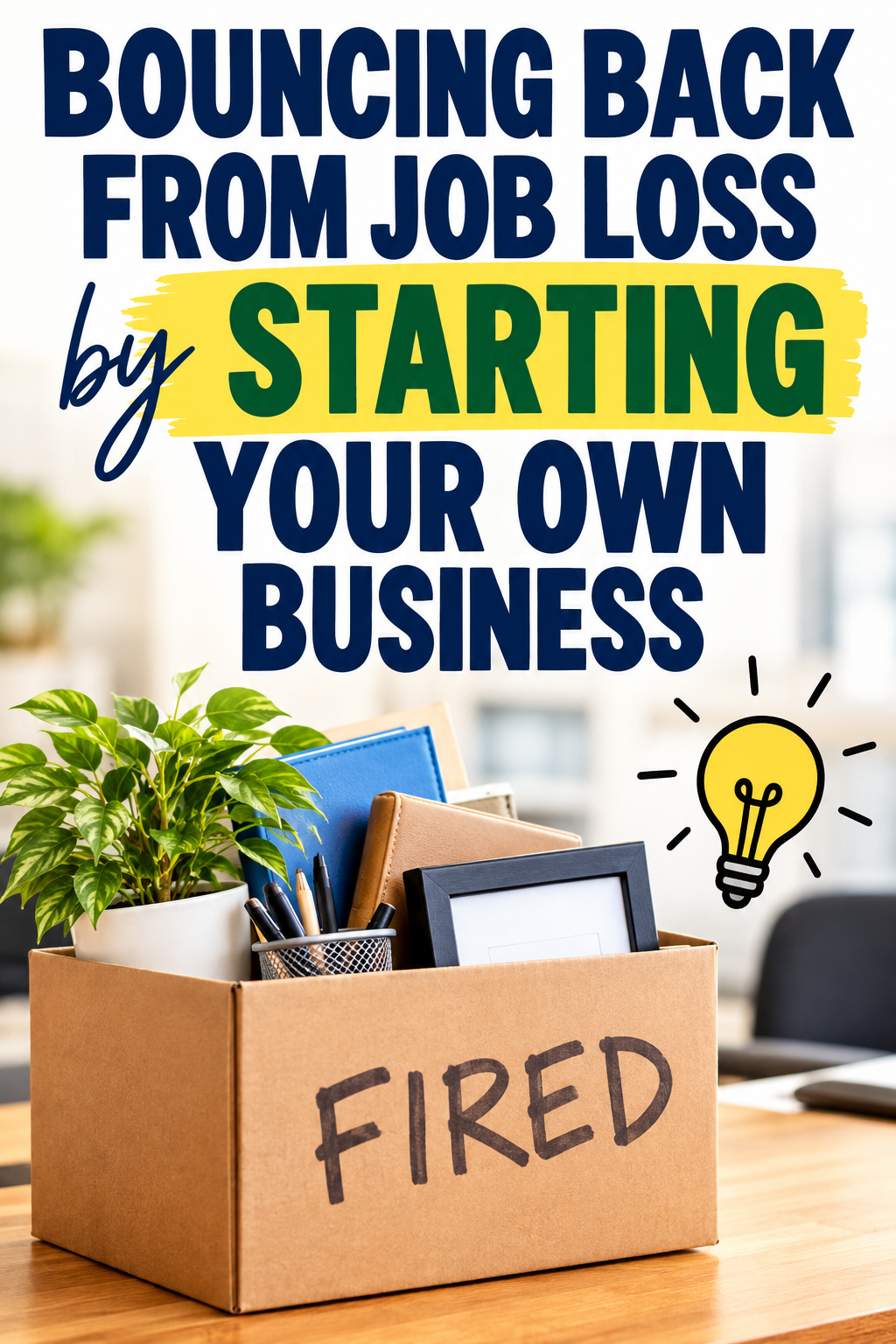Pinterest graphic featuring a cardboard box labeled "Fired" filled with office supplies and the headline "Bouncing Back From Job Loss by Starting Your Own Business."