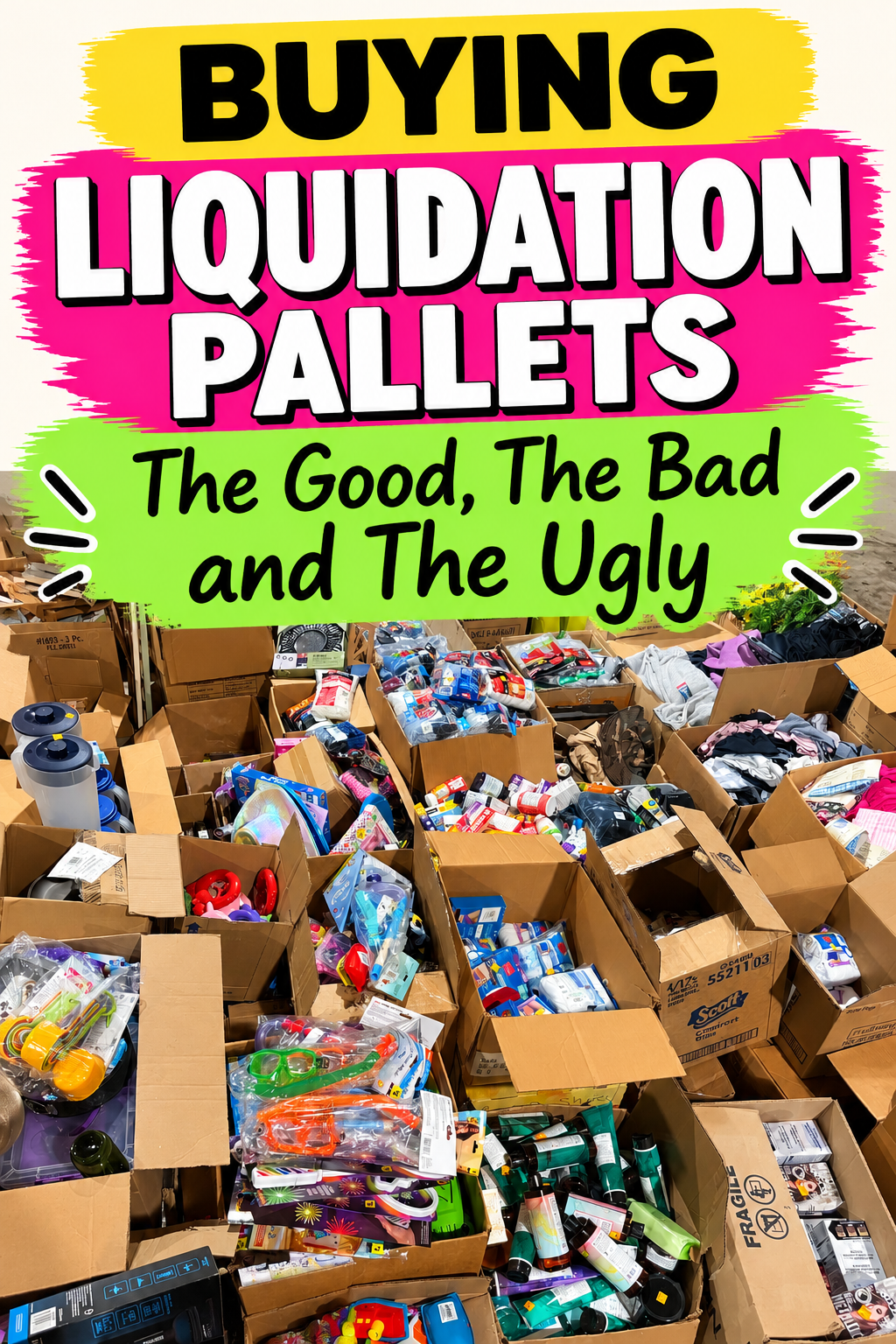Boxes of liquidation merchandise with the words Buying Liquidation Pallets: The Good, the Bad, and the Ugly.
